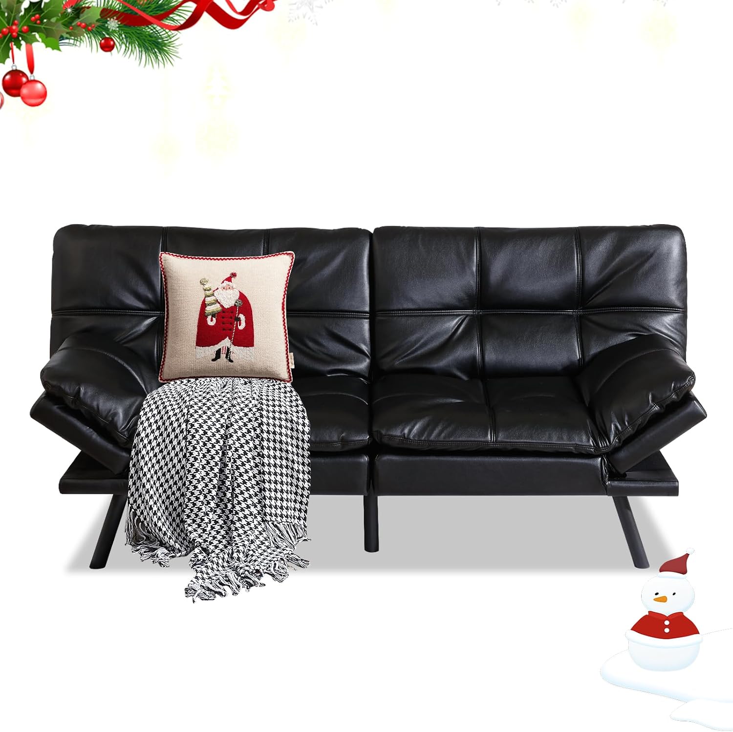 MUUEGM 71' Futon Sofa Bed, Convertible Couch Filled with Memory Foam, Modern Loveseat with Adjustable Backrest&Armrest, Sofas for Living Room,Game Room,Dormitory,Office.Matte Black Leather