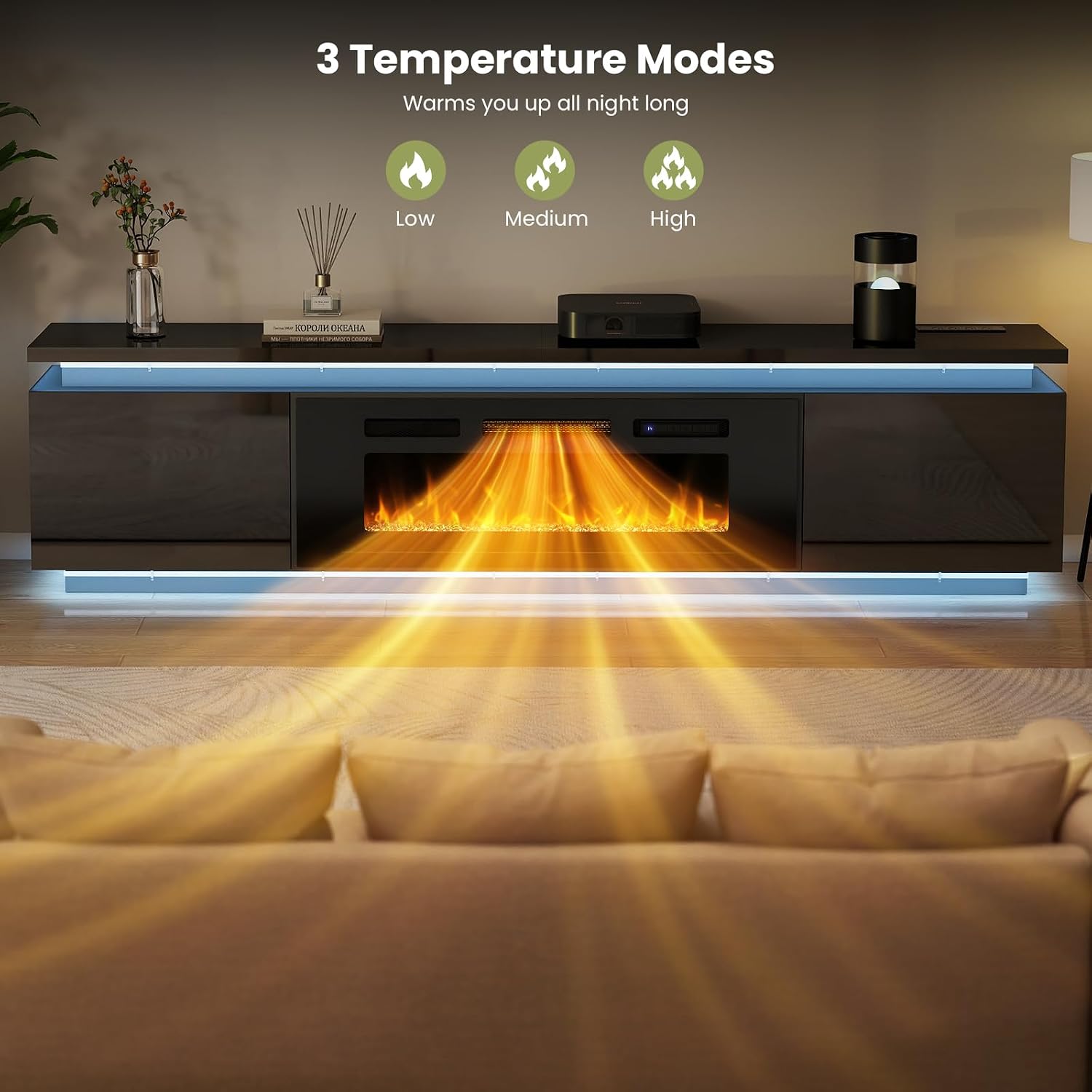 Lamtor Fireplace TV-Stand with 40' Fireplace - 2 LED Light TV-Stand for 90 95 inch TVs - Entertainment Center with 4 AC Power Outlets - 2 Tier TV Consoles Stand for Living Room, Black