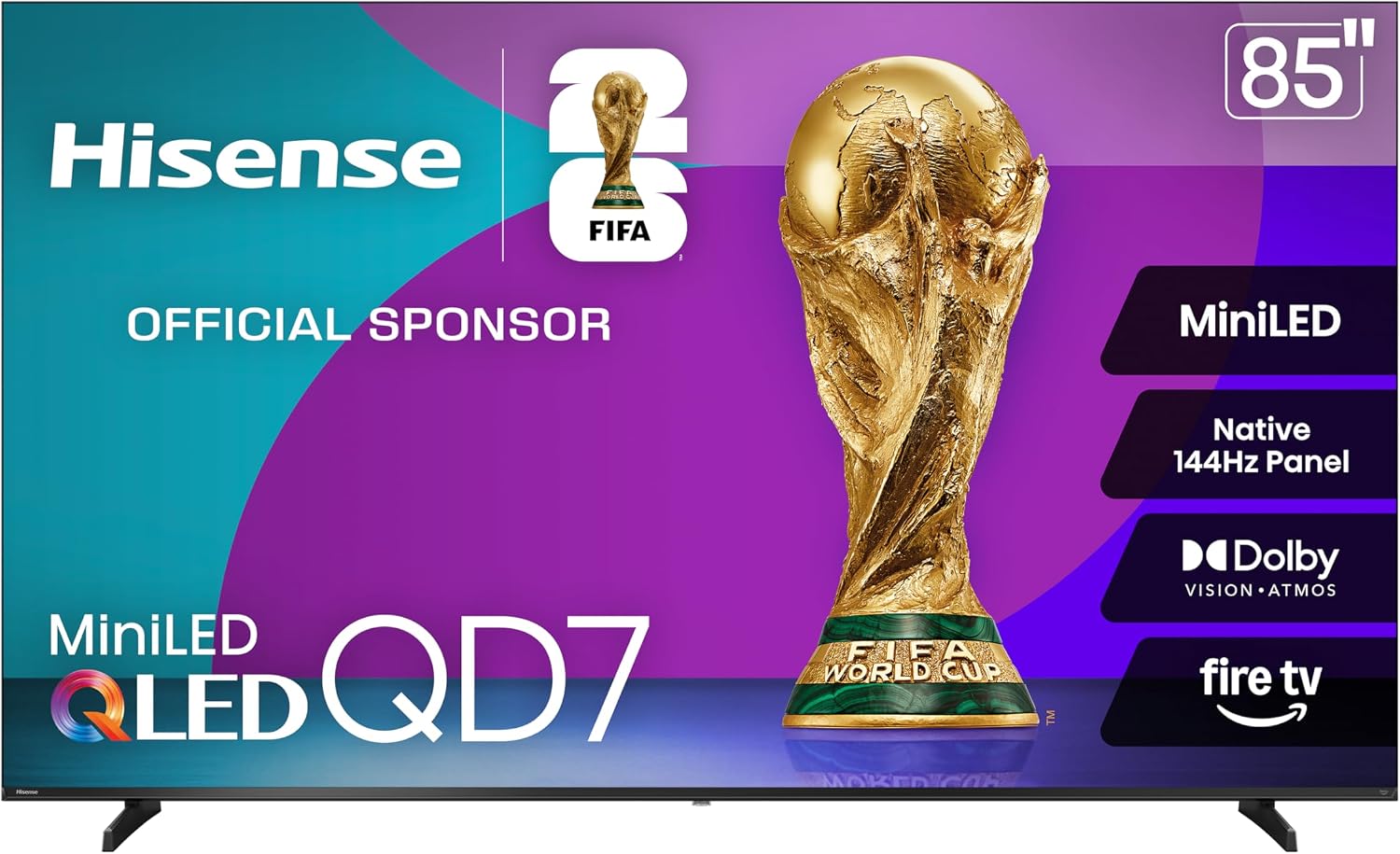 Hisense 85' Class QD7 Series Mini-LED 4K UHD Smart Fire TV (85QD7QF, 2025 Model) - QLED, Native 144hz, HDR10+, Dolby Vision, Dolby Atmos, Game Mode Pro, ALLM, Alexa Built in with Voice Remote, MEMC