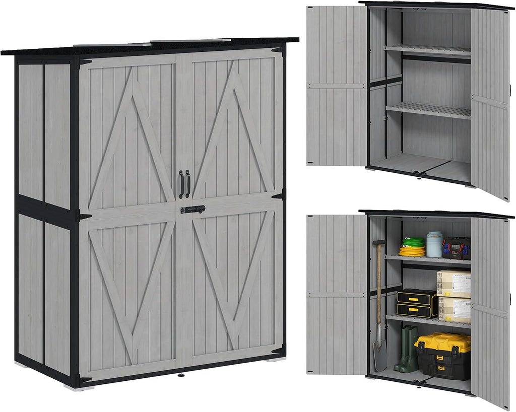Outsunny Outdoor Storage Cabinet, Wood Garden Tool Shed with Steel Frame and Asphalt Roof, Garden Storage Shed with 2 Shelves, Lockable Doors and Adjustable Feet for Patio Backyard Lawn, Gray