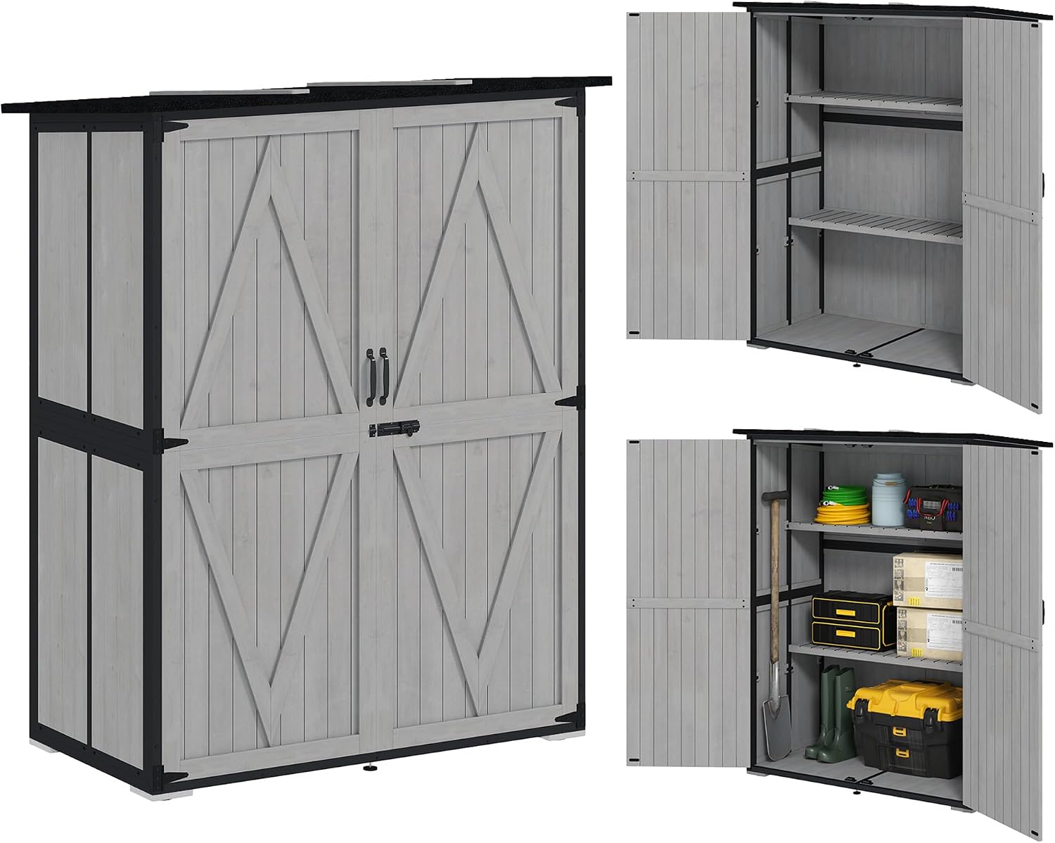 Outsunny Outdoor Storage Cabinet, Wood Garden Tool Shed with Steel Frame and Asphalt Roof, Garden Storage Shed with 2 Shelves, Lockable Doors and Adjustable Feet for Patio Backyard Lawn, Gray
