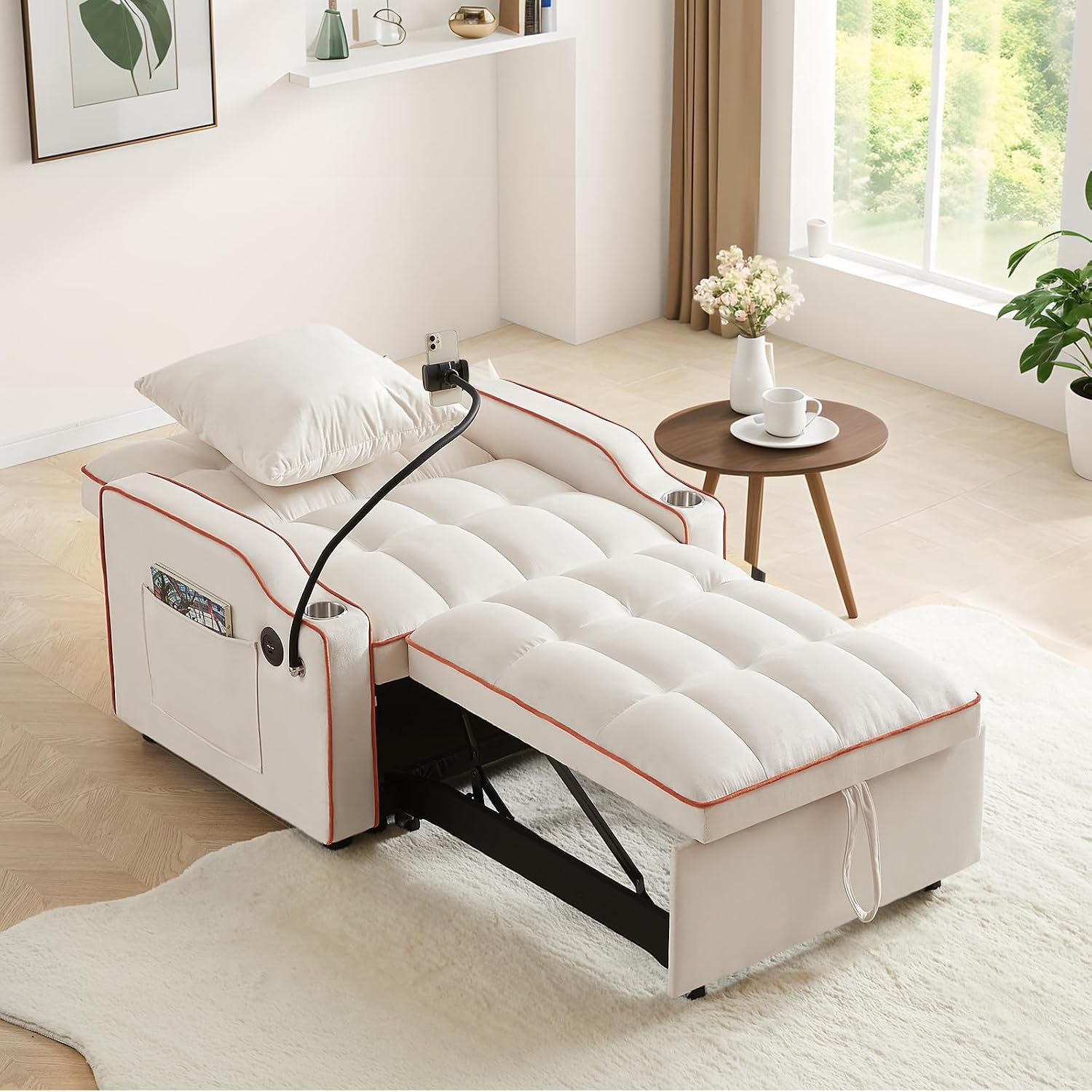 Convertible Sleeper Sofa Chair Bed, 3 in 1 Velvet Single Small Futon Sofa Bed with Phone Holder & USB Ports,Pull Out Couch Recliner with Adjustable Backrest for Living Room, Office, Small Place(Beige)