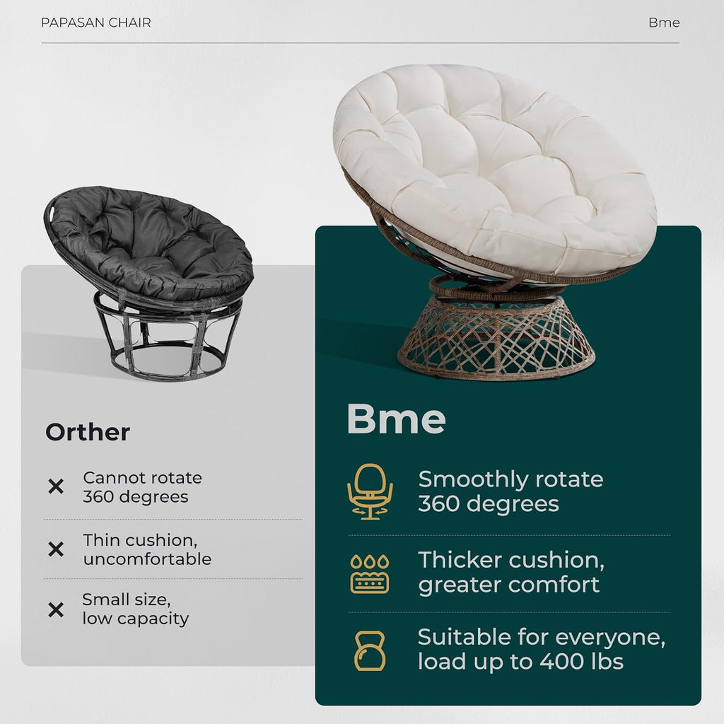 Bme 40' Ergonomic Wicker Papasan Chair with Soft Thick Cushion & Frame, 360° Swivel, Circle, Reading, Comfy Chair for Living Room, Bedroom