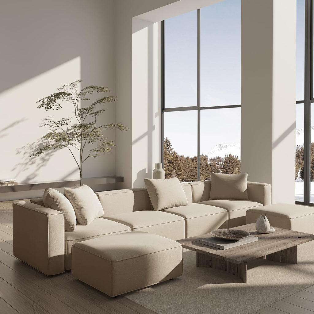 Acanva Luxury Modular Sectional Living Room Sofa Set, Modern Minimalist Style Couch with Ottoman and Chaise, U-Shape, Linen-Like Cream