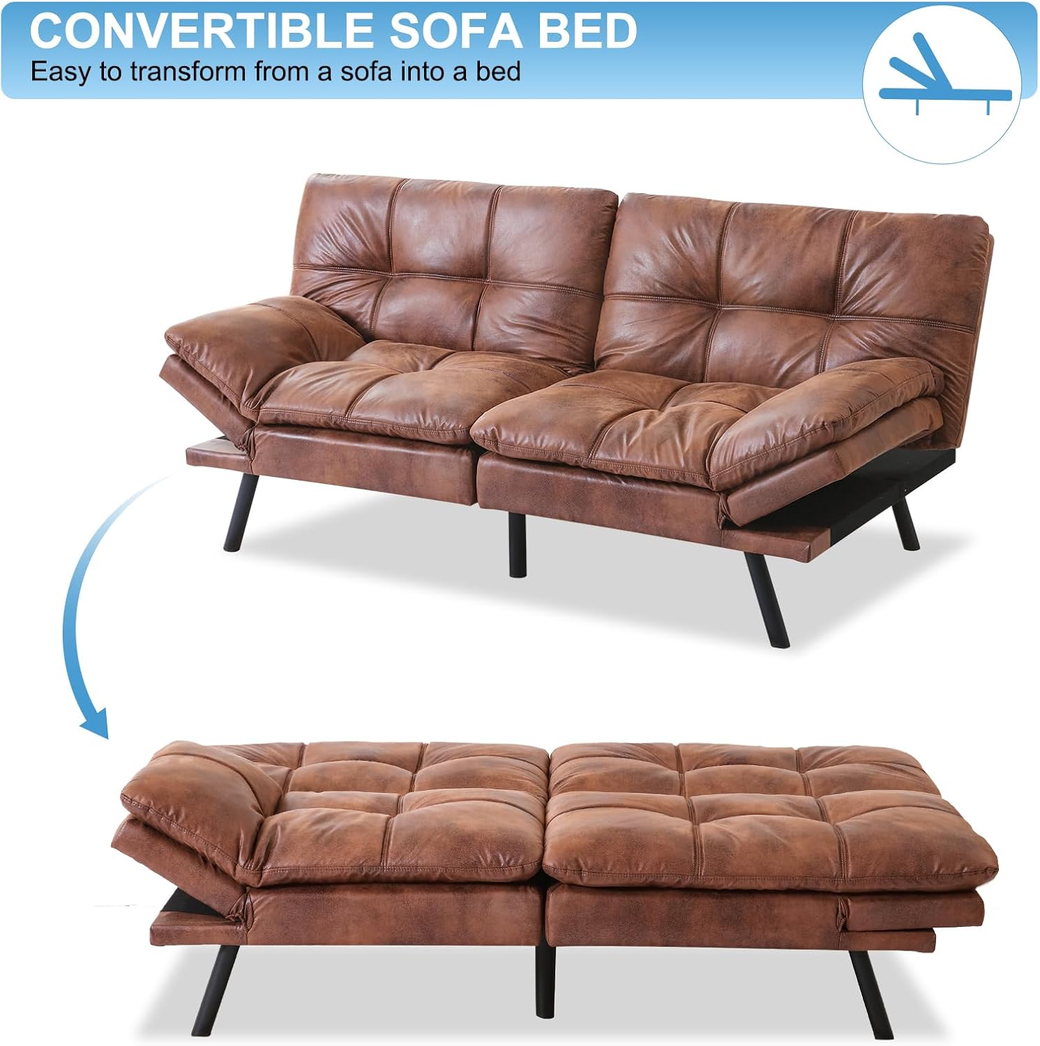 MUUEGM Futon Sofa Bed Couch Sofa, Memory Foam Futon Sleeper Sofa Loveseat Convertible Couch Bed for Small Compact Spaces, Apartment, Brown