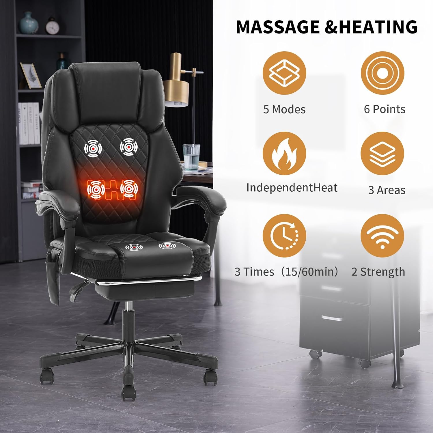 High-Performance Black Massage Office Chair Extendable Footrest + 6-Zone Vibration Heating 400lbs Heavy-Duty Recliner Ergonomic Executive Managerial Chair for Home Office Black