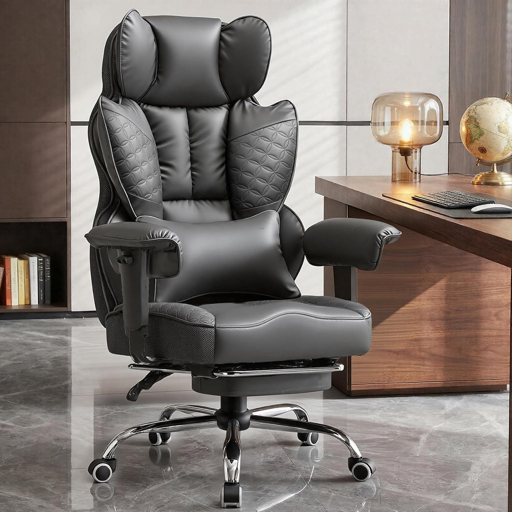 GTPOFFICE Big and Tall Office Chair 400LBS Wide Seat Computer Gaming Chair with Footrest & Comfy Lumbar Support, Leather High Back Executive Chair with Ergonomic Pressure Relief Seat Cushion, Gray