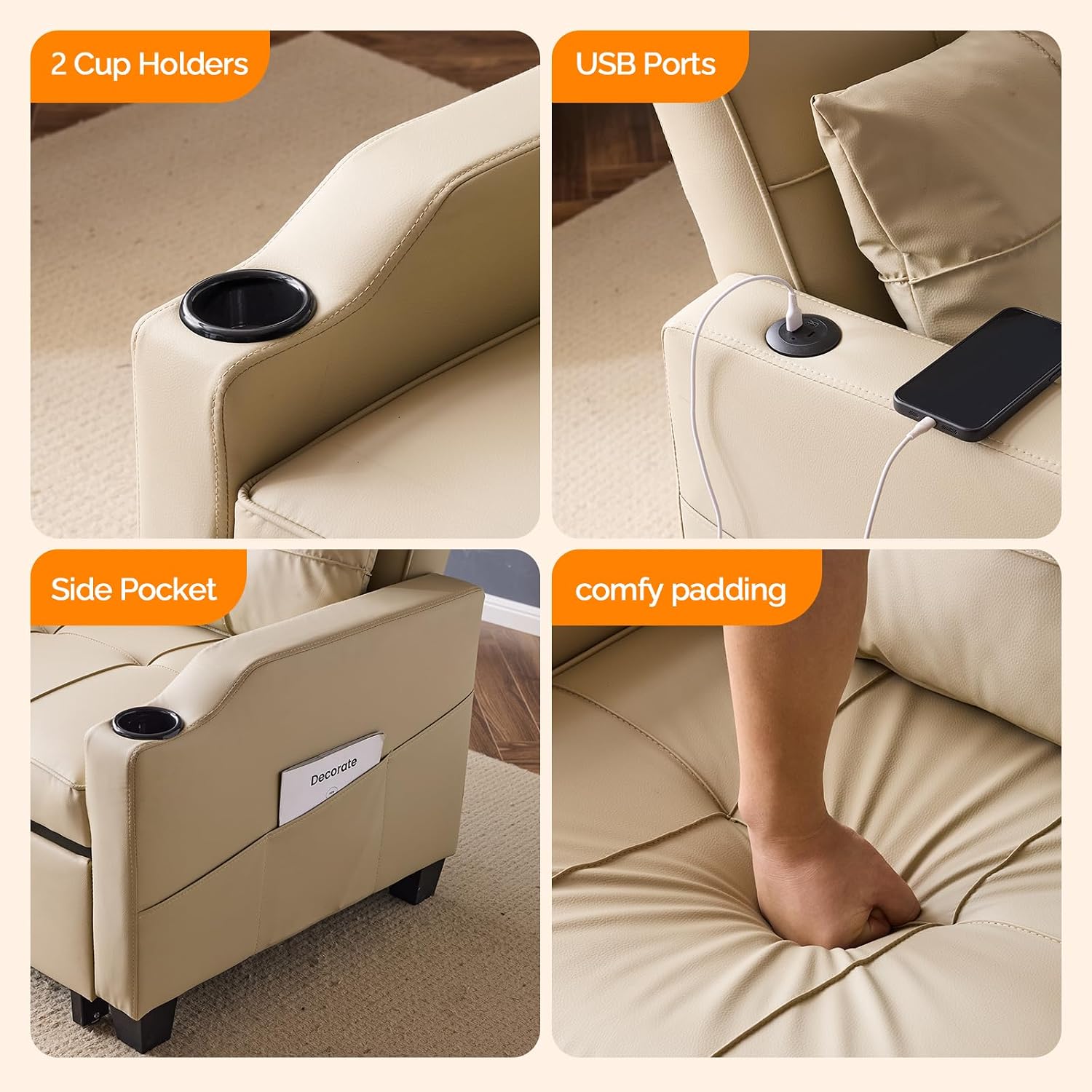 VINGLI Beige Sleeper Chair Bed 3-in-1 Convertible Futon Sofa Bed Pull Out Couch Bed Adjustable Recliner Chair with USB Ports Cup Holders Side Pockets for Living Room Bedroom Small Spaces