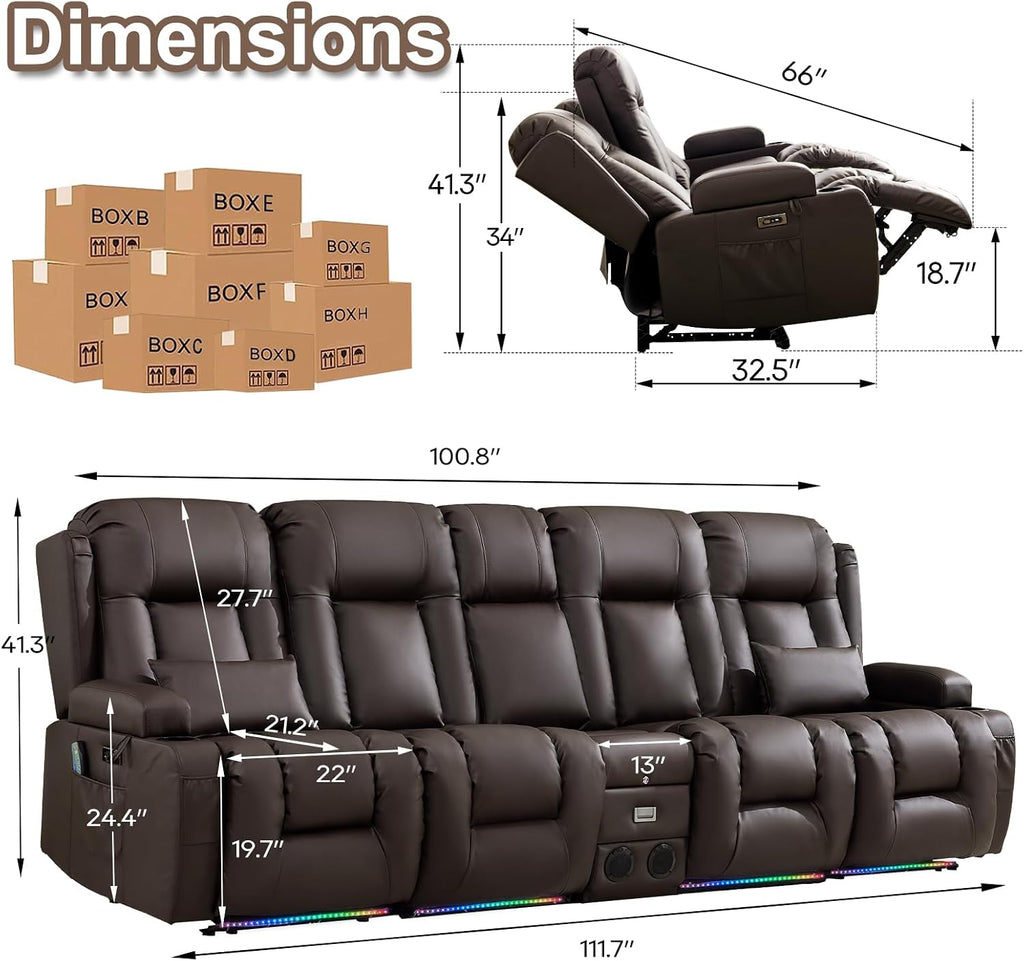 TUNYI Power Loveseat Recliner Sofa with Massage & Heat Home Theater Seating with Console RV Recliner Loveseat Sofa with USB/Storage/Side Pocket/LED Light/Speaker (Brown)