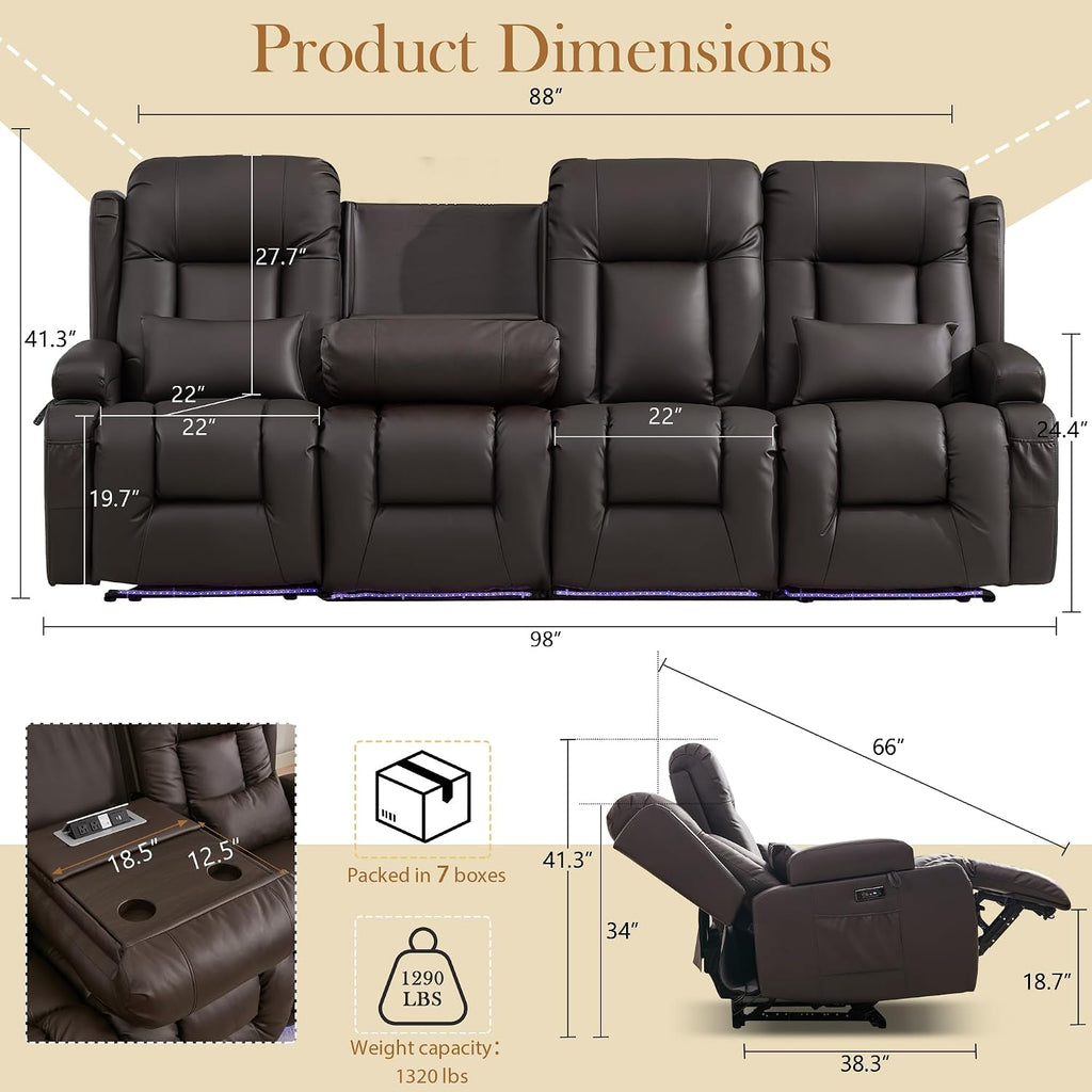 TUNYI Power Loveseat Recliner Sofa with Massage & Heat Home Theater Seating with Console RV Recliner Loveseat Sofa with USB/Storage/Side Pocket/LED Light/Speaker (Brown, 4 Seat)