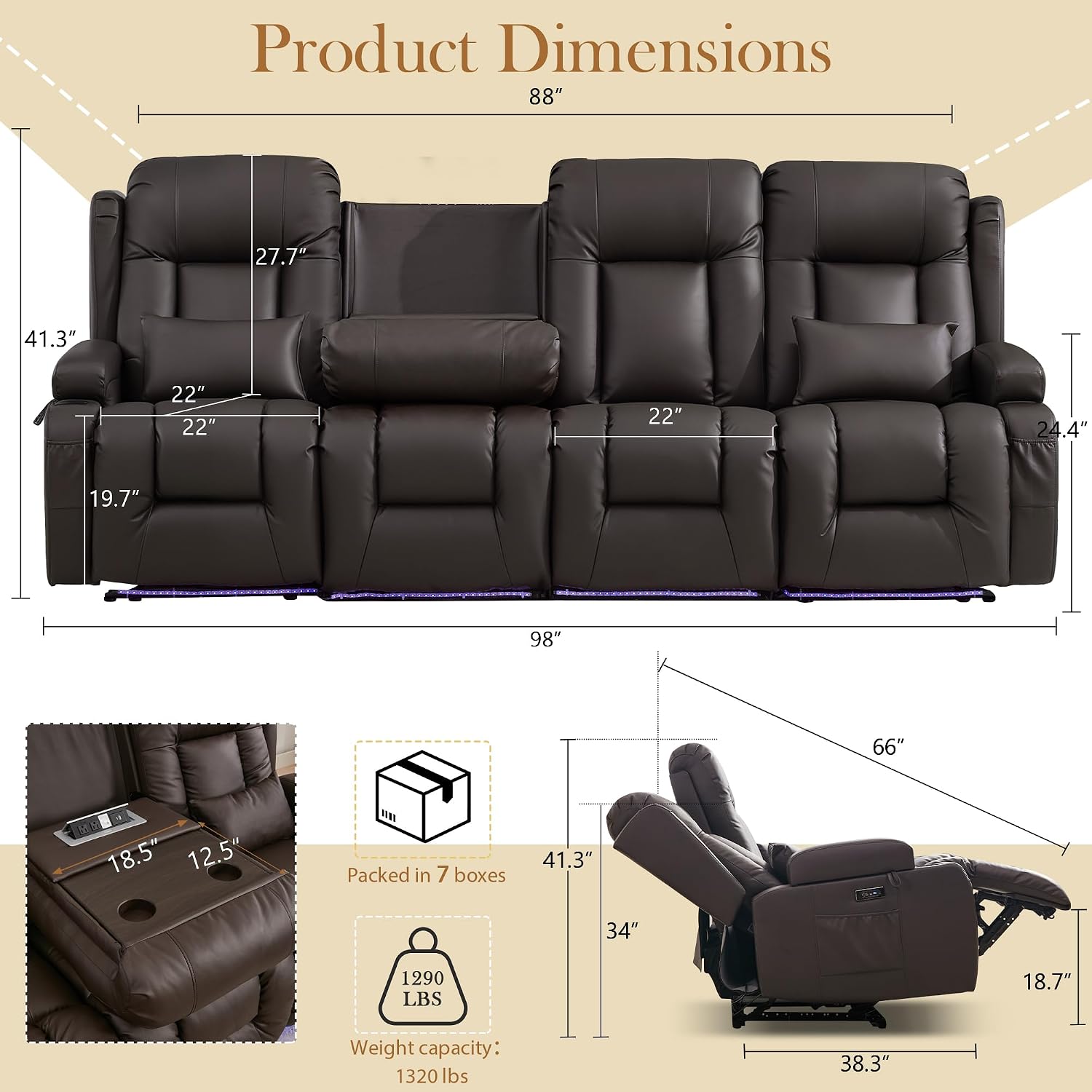 TUNYI Power Loveseat Recliner Sofa with Massage & Heat Home Theater Seating with Console RV Recliner Loveseat Sofa with USB/Storage/Side Pocket/LED Light/Speaker (Brown, 4 Seat)