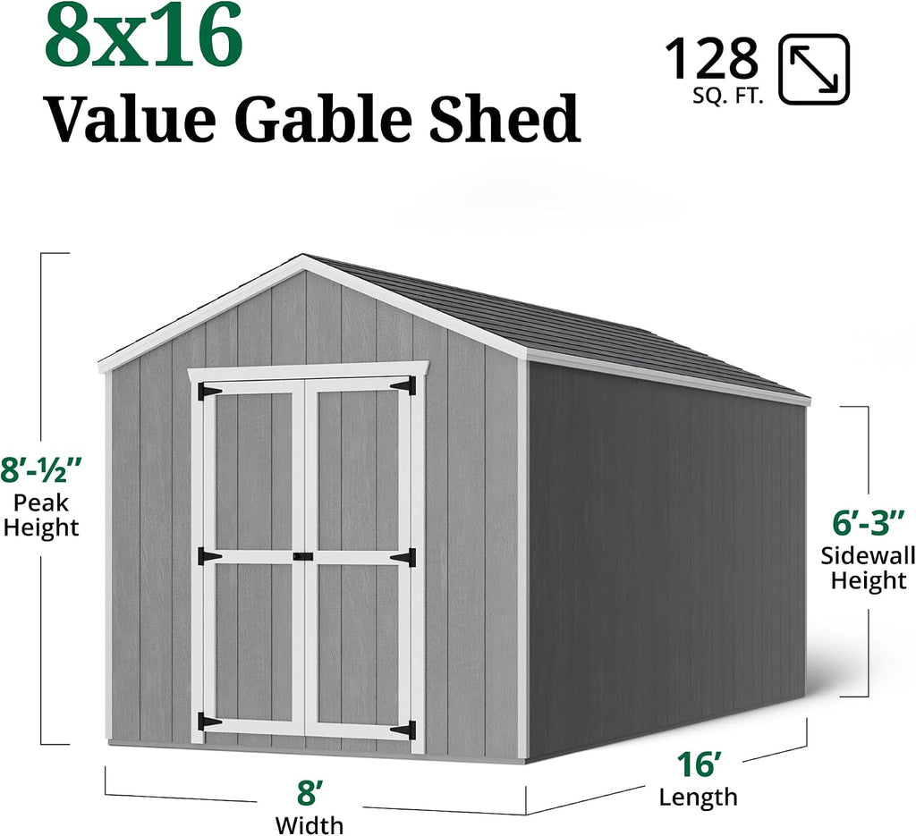 Little Cottage Co. 8x16 Value Gable Shed with Floor, Outdoor Wood Storage Do-It-Yourself Precut Kit