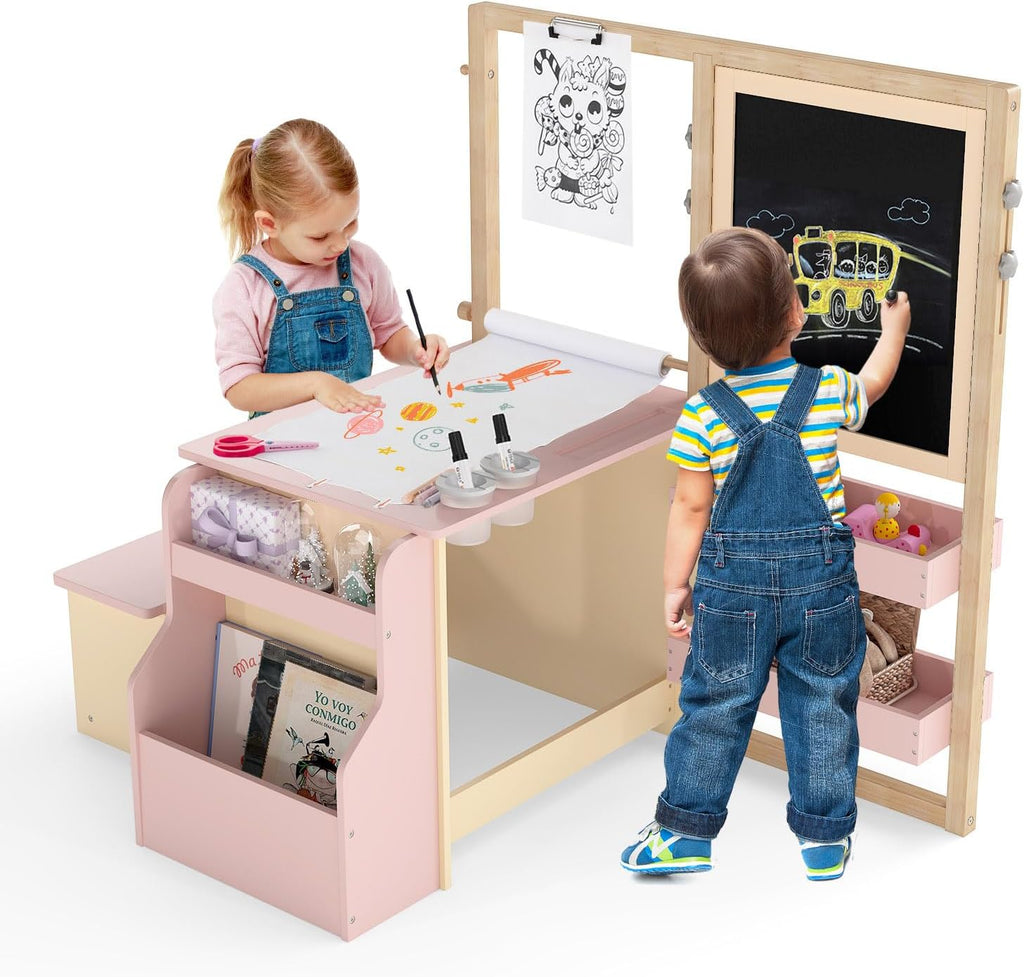 HONEY JOY Kids Art Easel, 6-in-1 Wooden Double-Sided Toddler Table & Chair Set w/Adjustable Magnetic White Board & Chalkboard, Paper Roll, Bookshelf, Storage, Toddler Easel for Kids (Pink)
