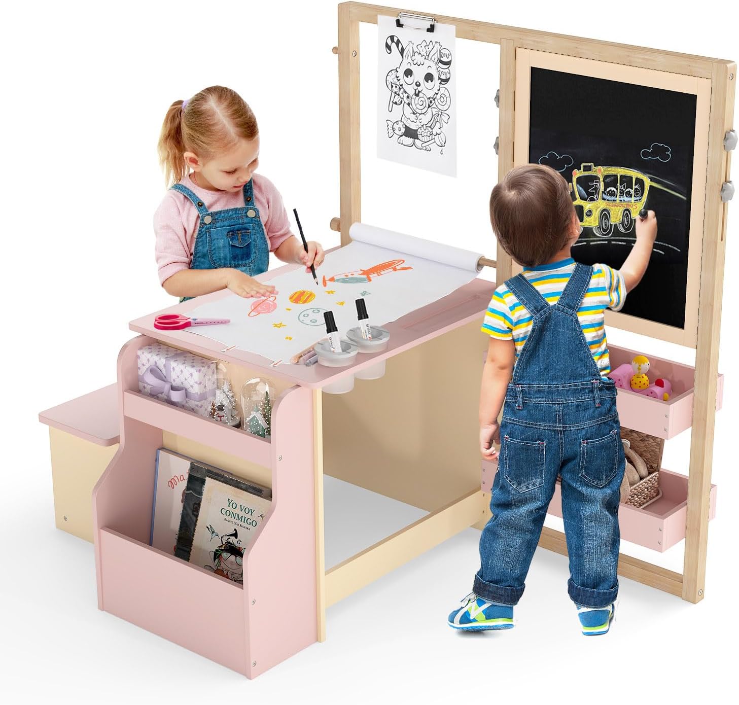 HONEY JOY Kids Art Easel, 6-in-1 Wooden Double-Sided Toddler Table & Chair Set w/Adjustable Magnetic White Board & Chalkboard, Paper Roll, Bookshelf, Storage, Toddler Easel for Kids (Pink)