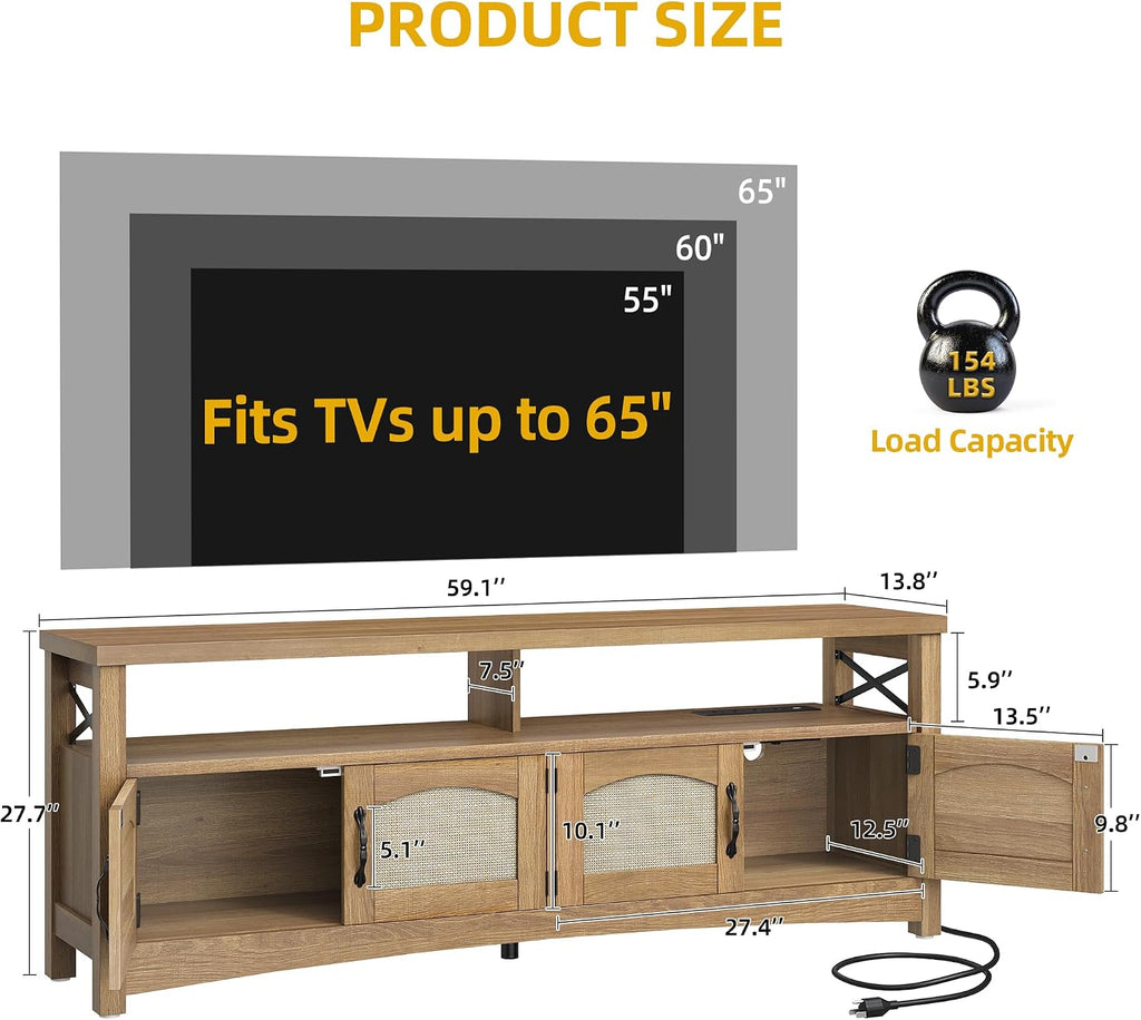 DWVO Farmhouse TV Stand for 65 inch TVs, LED Entertainment Center with Storage, TV Console with Power Outlets, Wooden Bar Coffee TV Table with Shelves for Living Room (Oak)