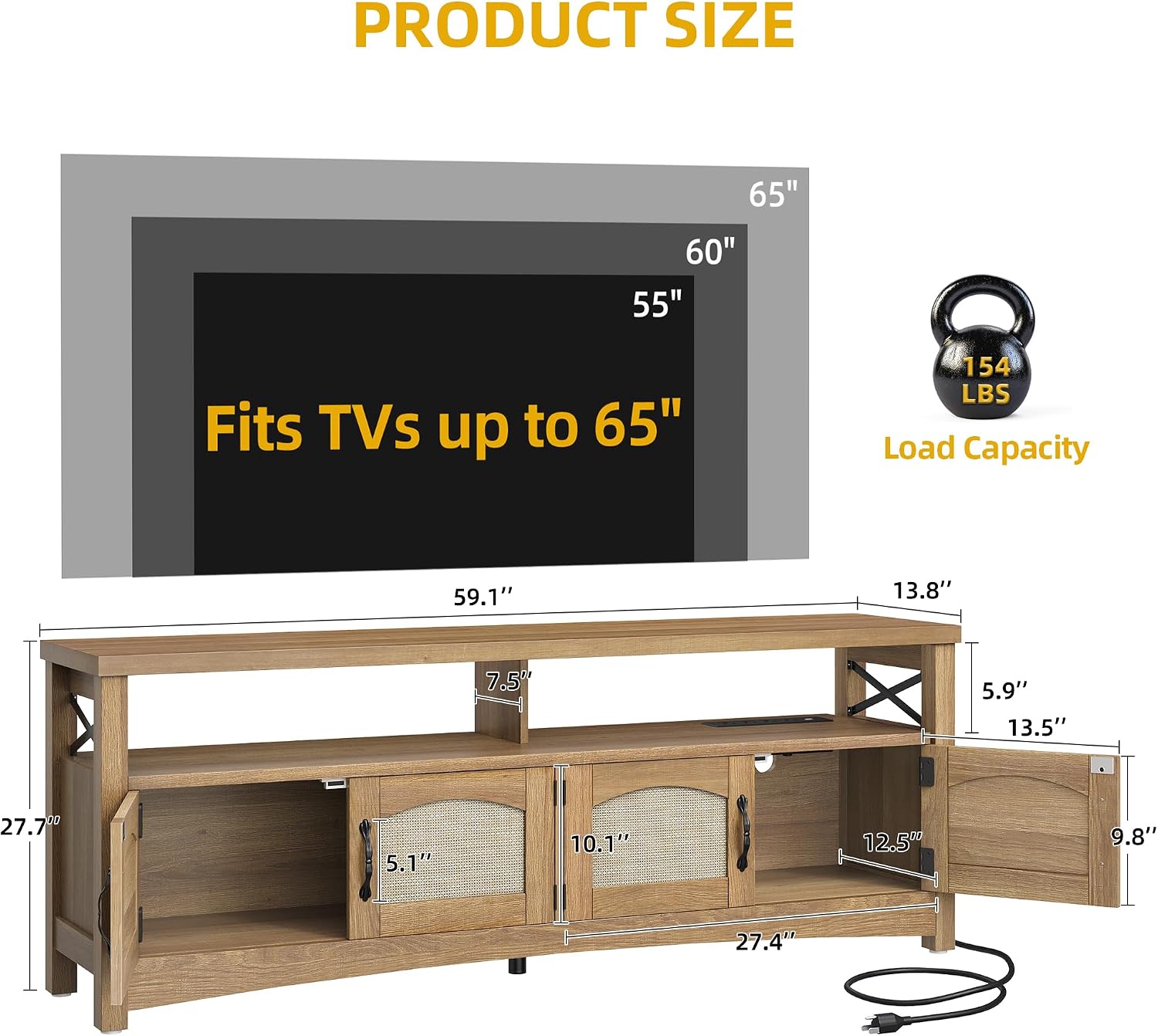 DWVO Farmhouse TV Stand for 65 inch TVs, LED Entertainment Center with Storage, TV Console with Power Outlets, Wooden Bar Coffee TV Table with Shelves for Living Room (Oak)