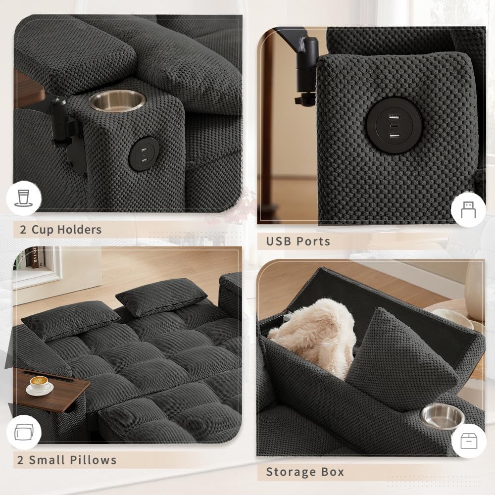 hansones 66' 3-in-1 Folding Convertible Sofa Bed, Queen Size Pullout Sofa, Modern Chenille Fabric, 360° Swivel Side Table, Easy Assembly, Perfect for Living Room (ZY-1107S-Black)