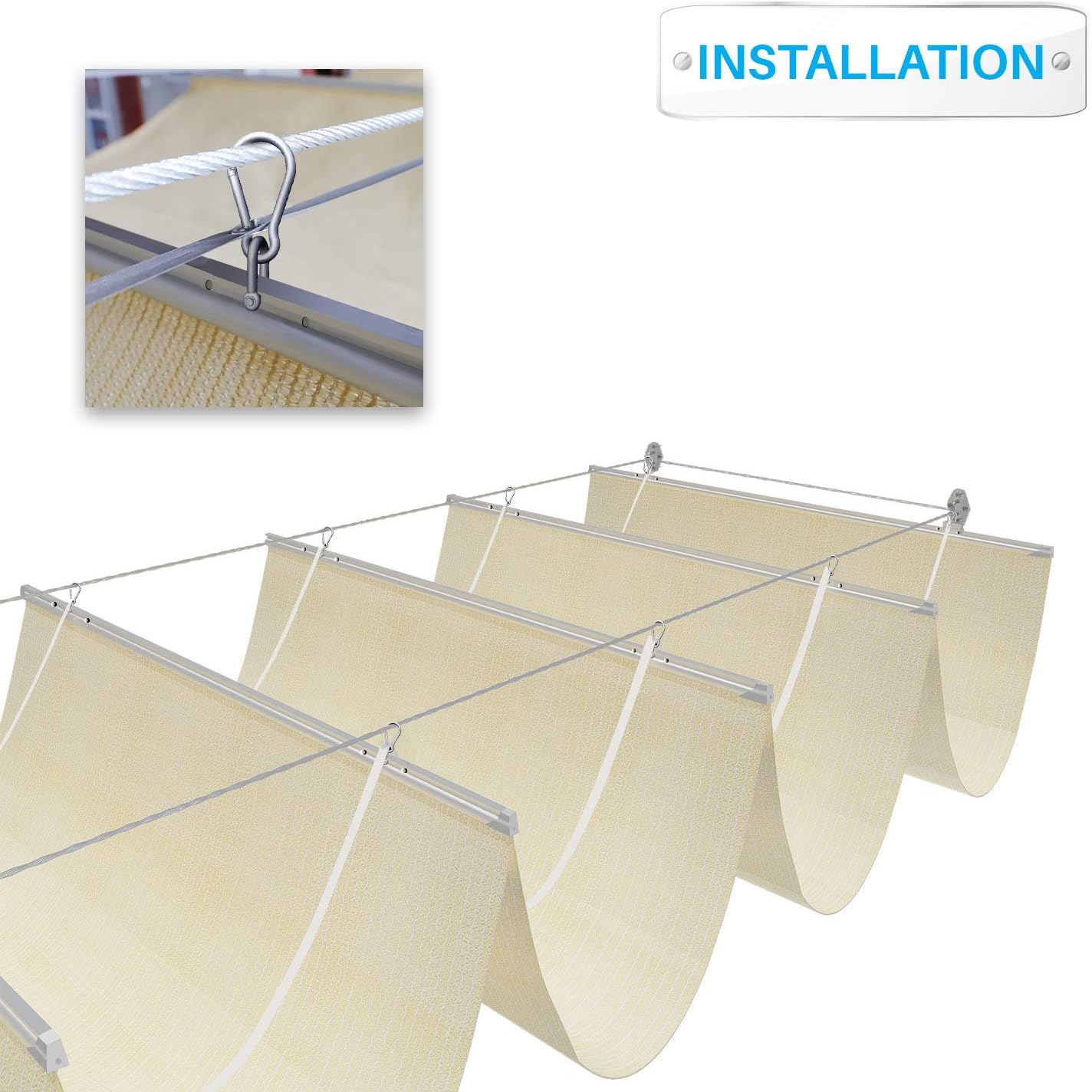 Patio 3'W x 24'L Pergola Shade Cover Retractable Canopy Replacement, Outdoor Pergolas Fabric Covers for Patio, Sun Shades Cloth with Slide-On Wire Cable for Deck Gazebo Backyard, Beige