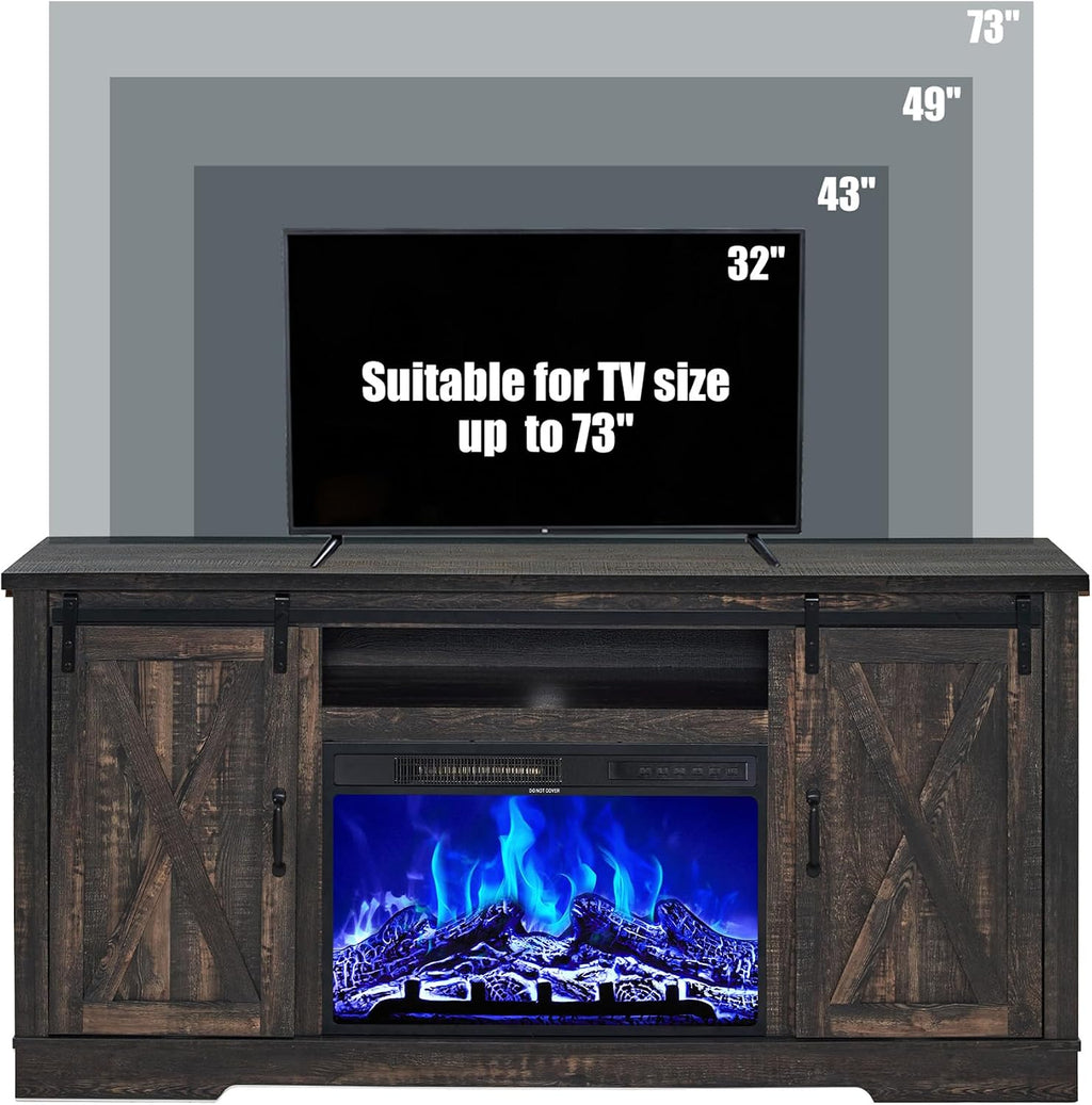 AMERLIFE Fireplace TV Stand with Sliding Barn Door for TVs up to 73', Farmhouse 63' Fireplace Entertainment Center with Storage Cabinets/Adjustable Shelves, Dark Rustic Oak