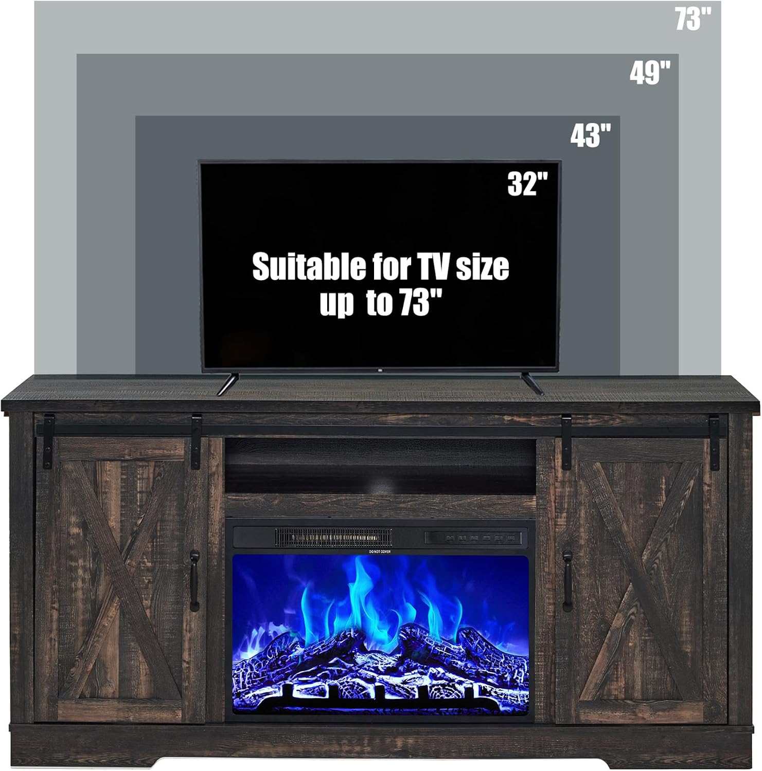 AMERLIFE Fireplace TV Stand with Sliding Barn Door for TVs up to 73', Farmhouse 63' Fireplace Entertainment Center with Storage Cabinets/Adjustable Shelves, Dark Rustic Oak