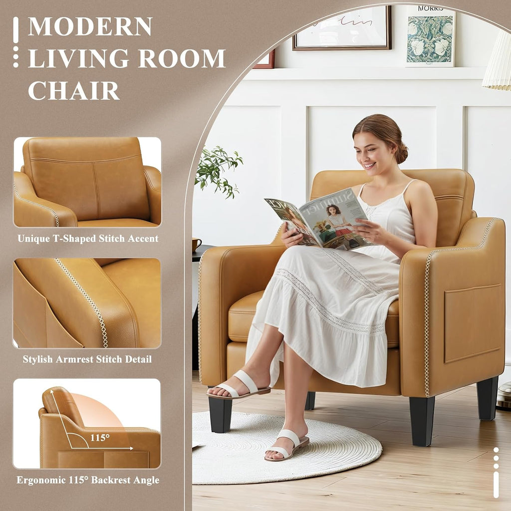 MALOL PU Leather Accent Chair Set of 2, Mid-Century Modern Living Room Armchair Sofa with Removable Cushions, Solid Wood Frame & Stitched Armrest Design, Bedroom Chair with Plastic Legs, Brown