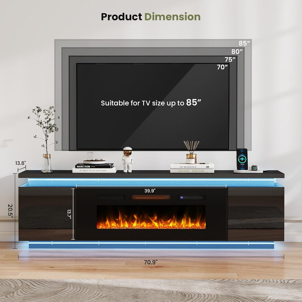Lamtor Fireplace TV-Stand with 40' Fireplace - 2 LED Light TV-Stand for 85 inch TVs - Entertainment Center with 4 AC Power Outlets - 2 Tier TV Consoles Stand for Living Room, Black