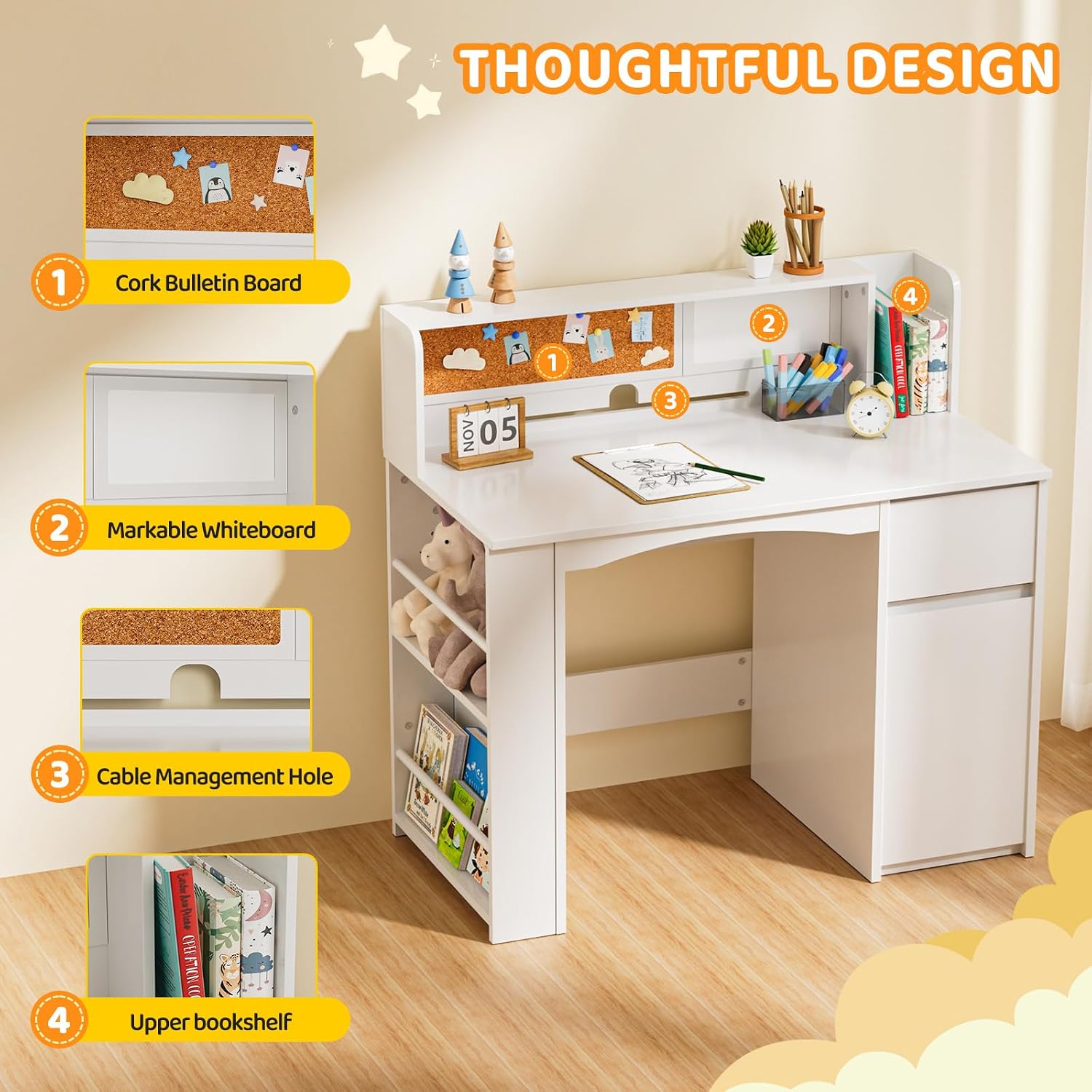 JOYMOR Kids Desk and Chair Set with Bookshelf, Kids Study Desk with Chair with Storage Cabinet, Student Writing Table for Study & Crafts, Student Computer Workstation for 5-12 Years Old, White