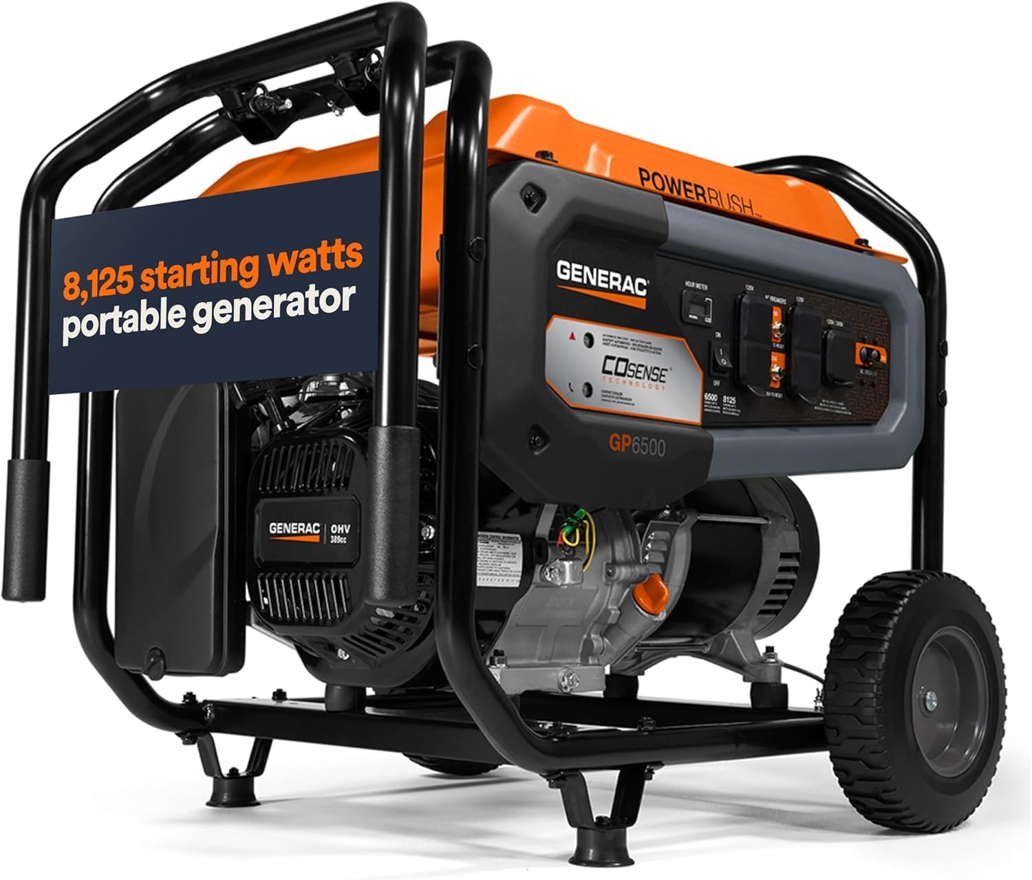 Generac 8,125 Starting Watt Portable Gas Generator, PowerRush Technology, COsense Carbon Monoxide Detection, 10.5 Hour Runtime, Heavy Duty Steel Frame, Home Backup Emergency, 49-State
