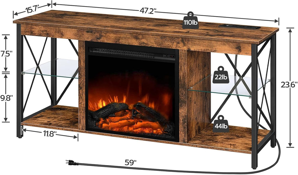 HOOBRO Fireplace TV Stand with Charging Station and LED Lights, TV Stand with Fireplace for TVs up to 55', Entertainment Center with Fireplace, Glass Shelves, Rustic Brown and Black BF120UDDS01