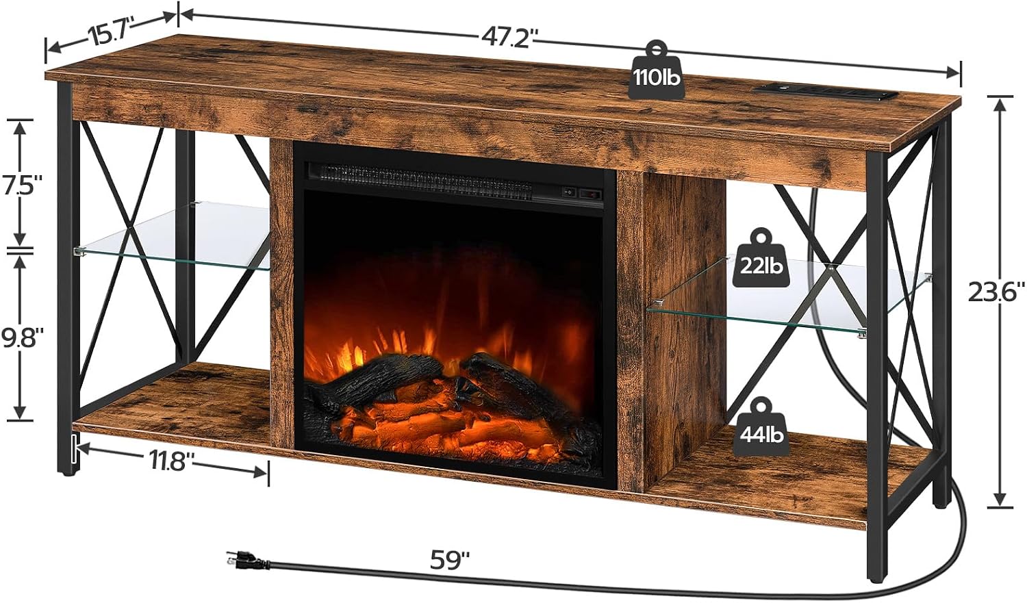 HOOBRO Fireplace TV Stand with Charging Station and LED Lights, TV Stand with Fireplace for TVs up to 55', Entertainment Center with Fireplace, Glass Shelves, Rustic Brown and Black BF120UDDS01