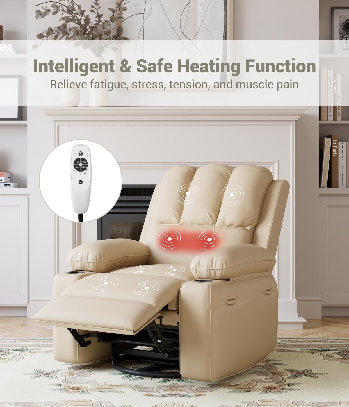 Oversized Electric Recliner Chair for Adults, Swivel Rocker Recliner with Massage and Heat, Pu Leather Single Sofa with Cup Holder and Side Pocket, for Living Room, Bedroom, Creamy