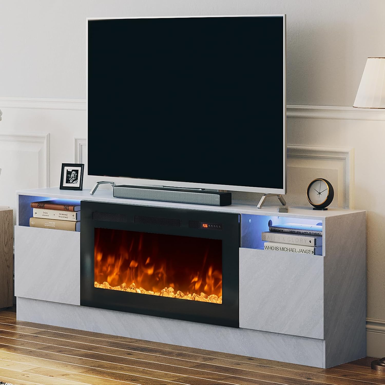oneinmil Fireplace TV Stand with 36' Electric Fireplace, LED Light Entertainment Center, Modern Wood Texture Entertainment Stand with Highlight Storage Cabinet for TVs Up to 80', 70 inches, Grey