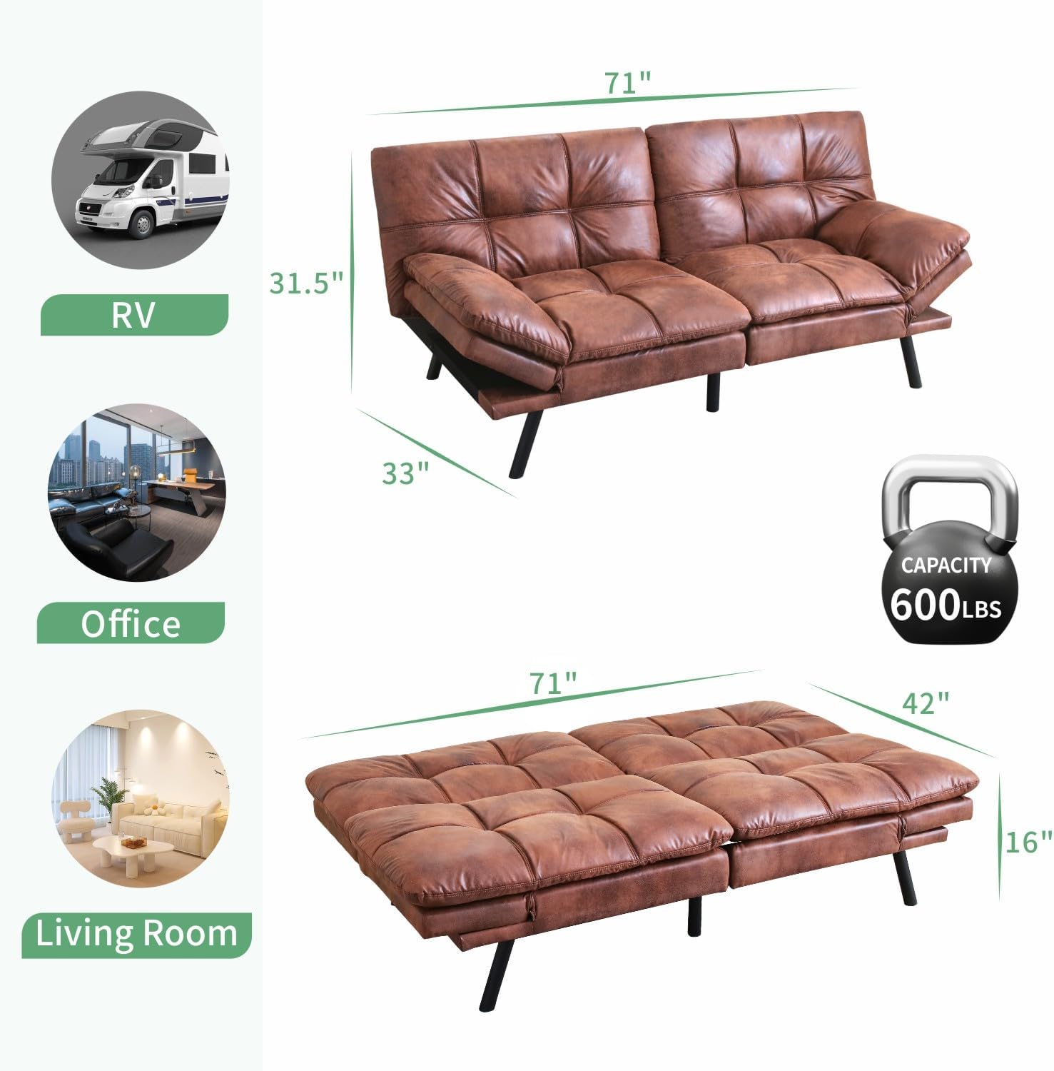 MUUEGM 71' Futon Sofa Bed, Convertible Couch Filled with Memory Foam, Modern Loveseat with Adjustable Backrest&Armrest, Sofas for Living Room,Game Room,Dormitory,Office.Brown Leather