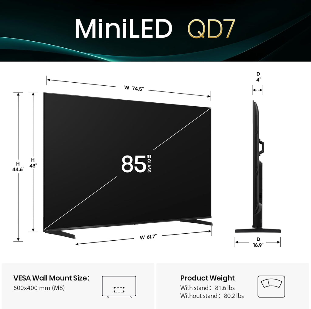 Hisense 85' Class QD7 Series Mini-LED 4K UHD Smart Fire TV (85QD7QF, 2025 Model) - QLED, Native 144hz, HDR10+, Dolby Vision, Dolby Atmos, Game Mode Pro, ALLM, Alexa Built in with Voice Remote, MEMC