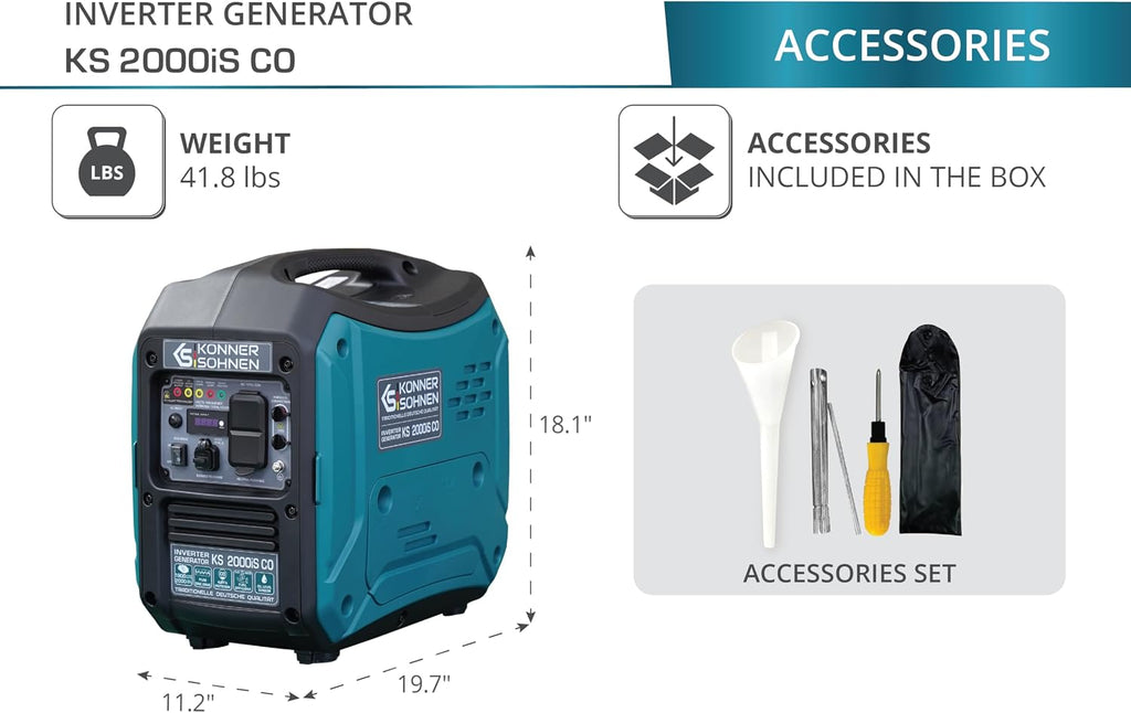 Konner&Sohnen Gas Inverter Generator - 2000 Watt, Lightweight and Portable, Super Quiet with CO Sensor, for Backup Home Use, Camping, RV | Parallel connection (German brand, model: KS 2000iS CO)