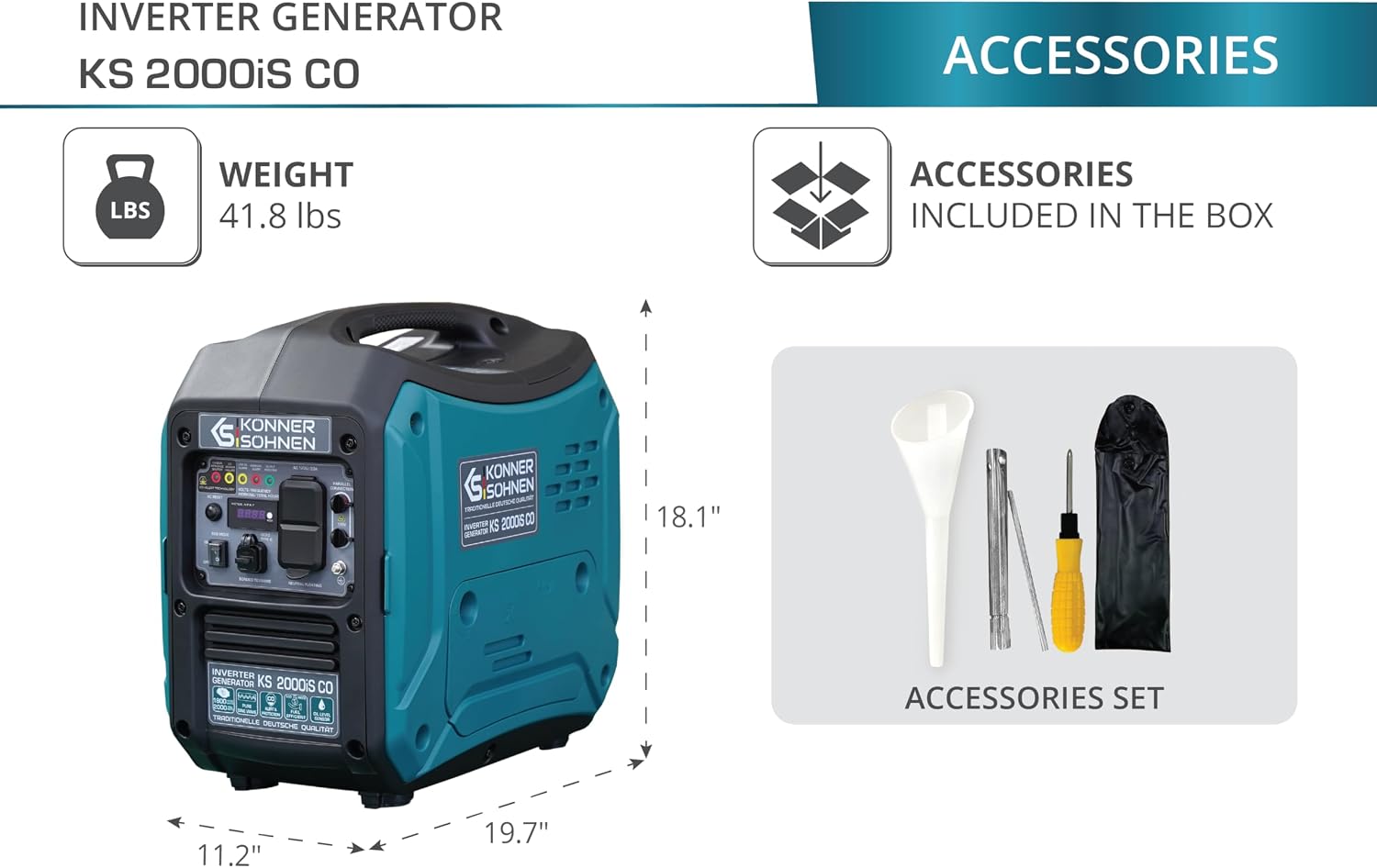 Konner&Sohnen Gas Inverter Generator - 2000 Watt, Lightweight and Portable, Super Quiet with CO Sensor, for Backup Home Use, Camping, RV | Parallel connection (German brand, model: KS 2000iS CO)