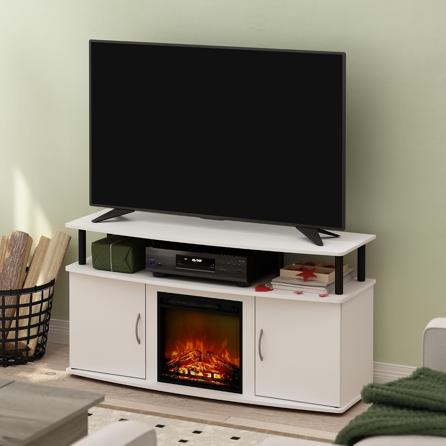 Furinno Jensen TV Stand, Entertainment Center, TV Console for TV up to 55 Inch with Fireplace and Open Shelf, Storage Cabinet, for Living Room, Bedroom, Plain White