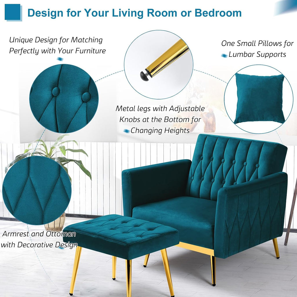 2 Pieces Velvet Sofa Set with Adjustable Armrest and Backrest, 70' Convertible Futon Sofa Bed & Mordern Accent Chair with Ottoman for Living Room, Bedroom, Teal