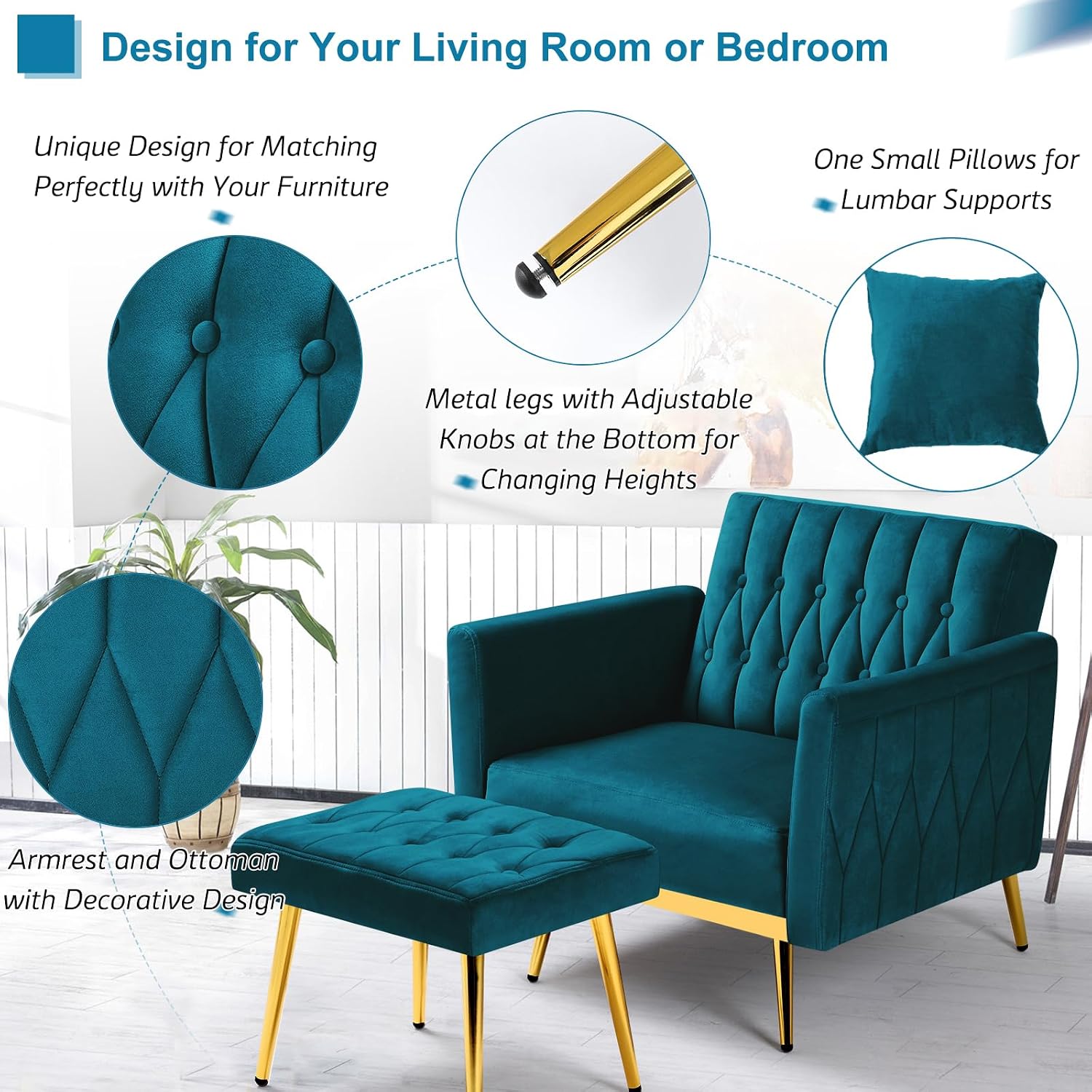 2 Pieces Velvet Sofa Set with Adjustable Armrest and Backrest, 70' Convertible Futon Sofa Bed & Mordern Accent Chair with Ottoman for Living Room, Bedroom, Teal