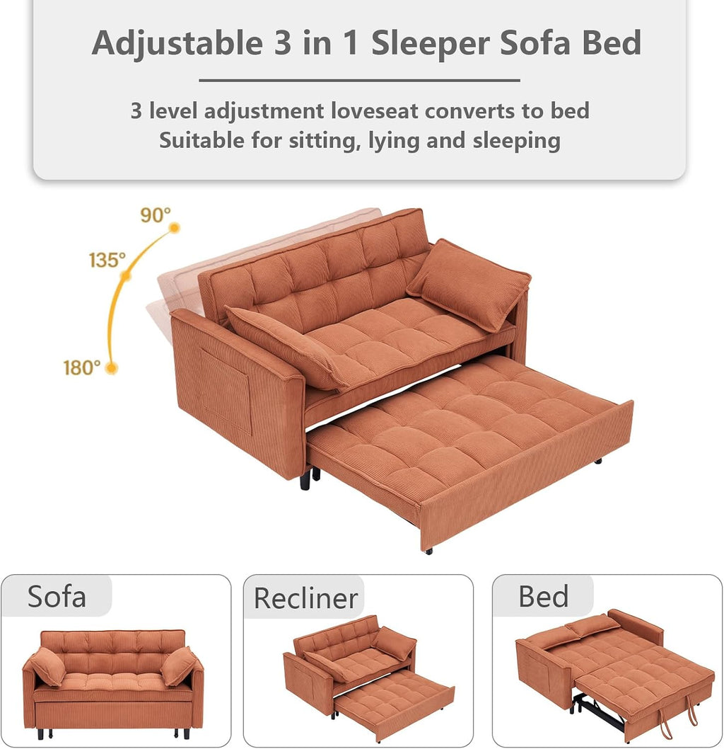 3 in 1 Convertible Sleeper Sofa Bed,Futon Pull Out Couch with Adjustable Backrest,Velvet Fabric Loveseat Sofa with Side Pocket for Bedroom, Living Room (Orange)