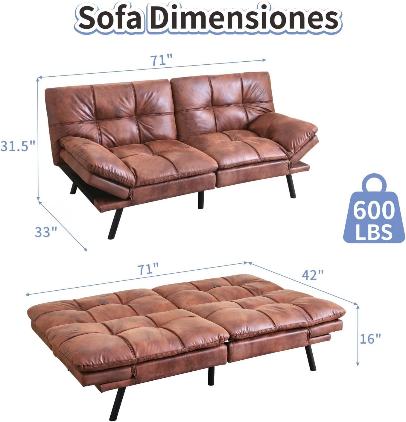 MUUEGM Brown Futon Sofa Bed Leather Memory Foam Modern Office Couch Sleeper Bed Convertible Love seat Sofa for Small Spaces,Apartment,Office with Adjustable Armrest Backrest