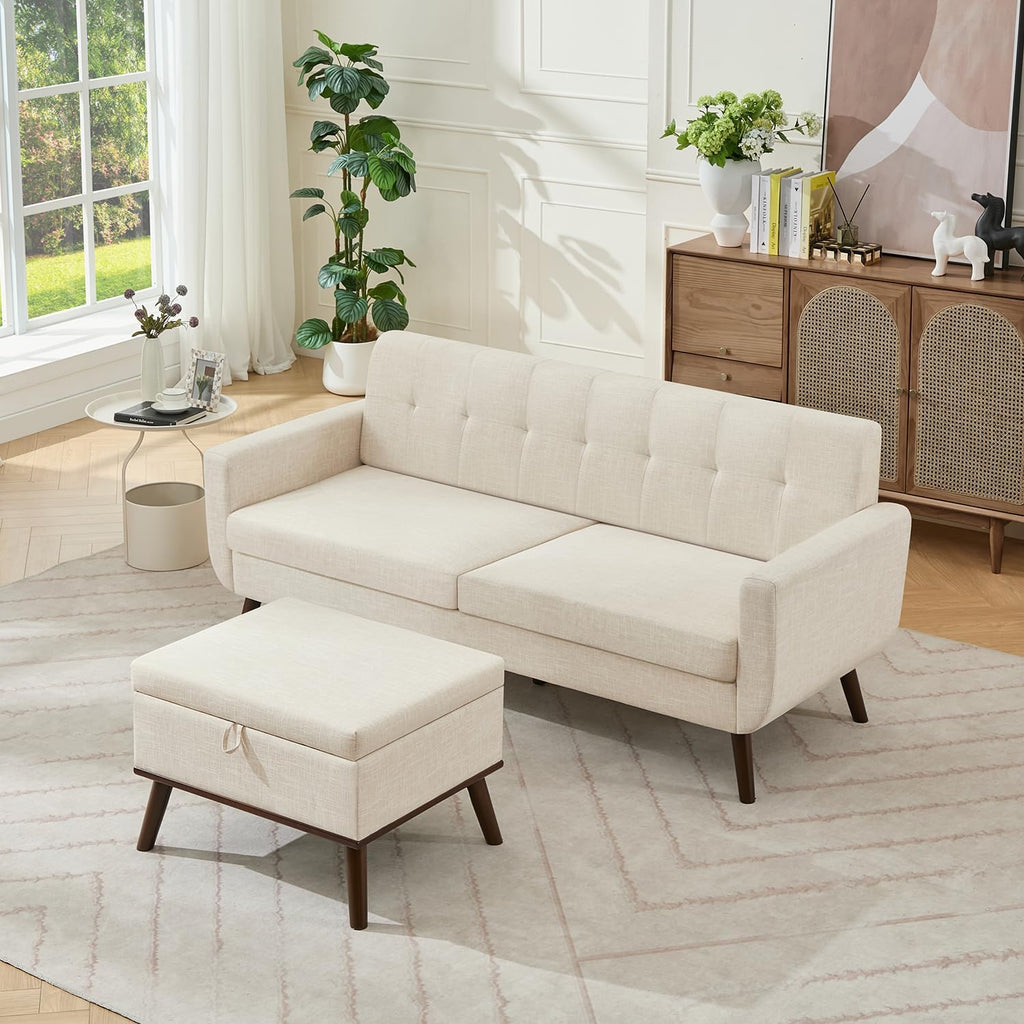 Tbfit Mid Century Modern Sofa, Loveseat Couch, Beige, Standard Sofa & Ottoman | linen fabric, button tufted, solid wood foot, pocket spring, wood slats frame