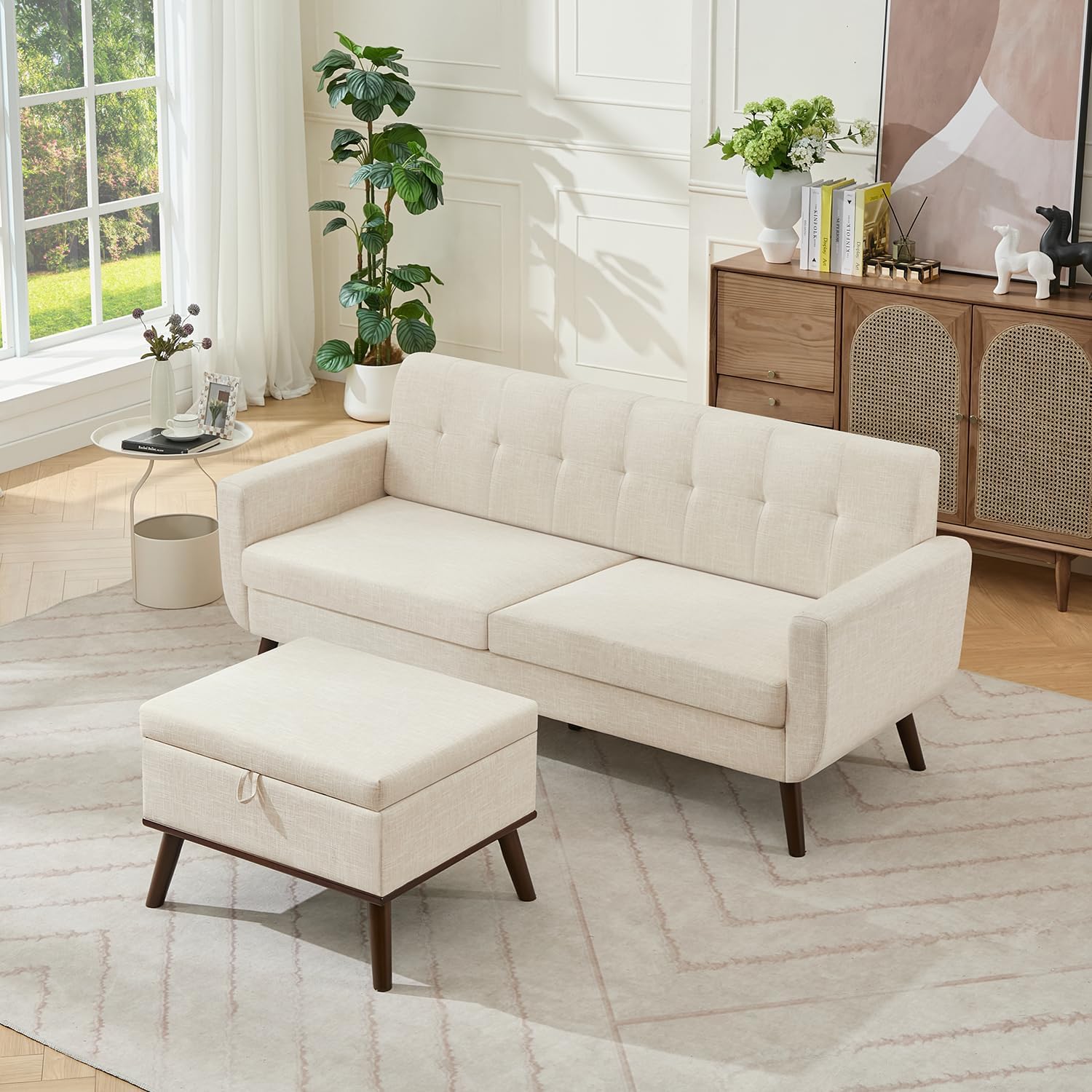 Tbfit Mid Century Modern Sofa, Loveseat Couch, Beige, Standard Sofa & Ottoman | linen fabric, button tufted, solid wood foot, pocket spring, wood slats frame