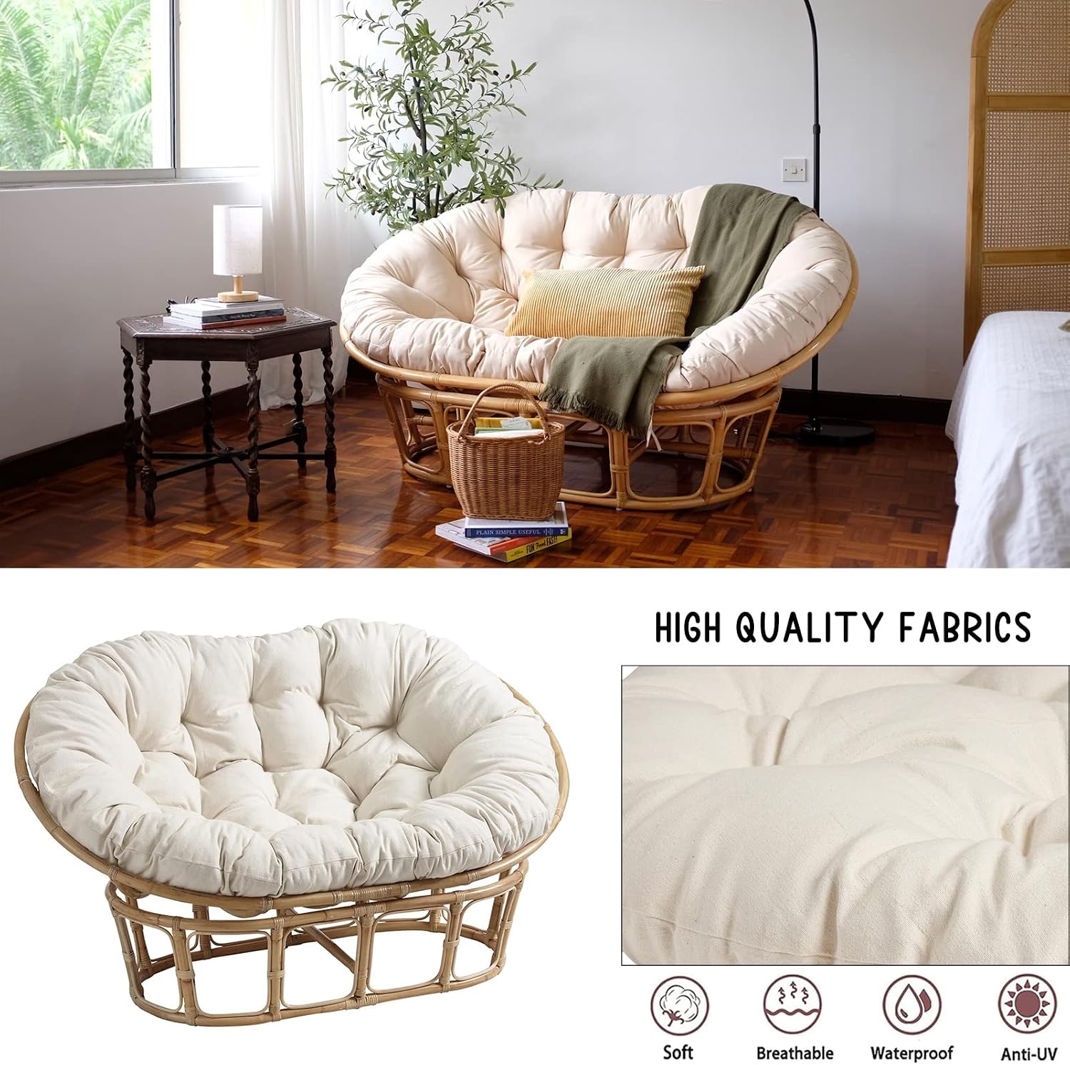 Large Double Papasan Chair Cushion, Outdoor Waterproof Hanging/Egg/Swing/Hammock Chair Cushions Thicken Comfortable Soft Garden Chair Pad Indoor Room Decoration,Waterproof White,67 * 47 in