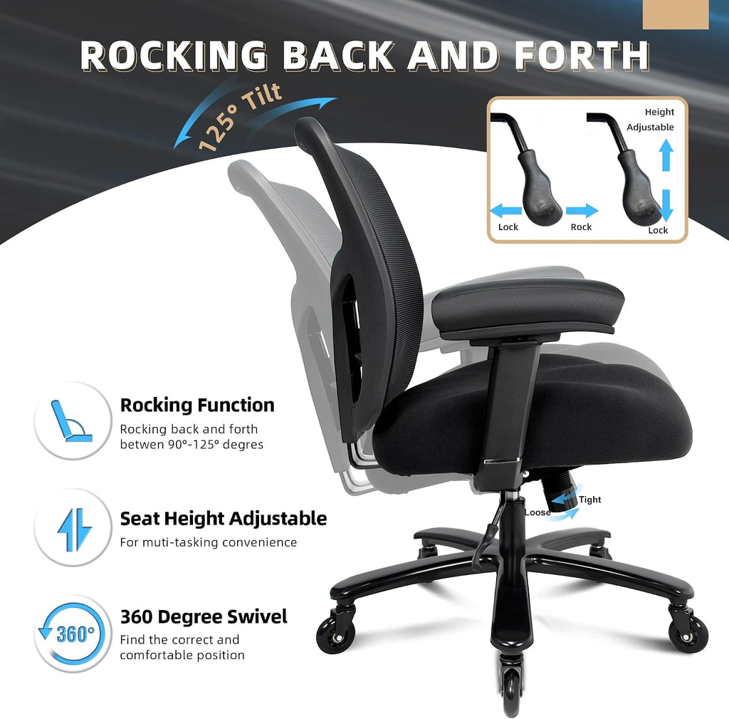 500LBS Big and Tall Office Chair with 4D Armrests & Adjustable Backrest, Heavy Duty Office Chair for Heavy People, Memory Foam Seat Filling Springs, Black
