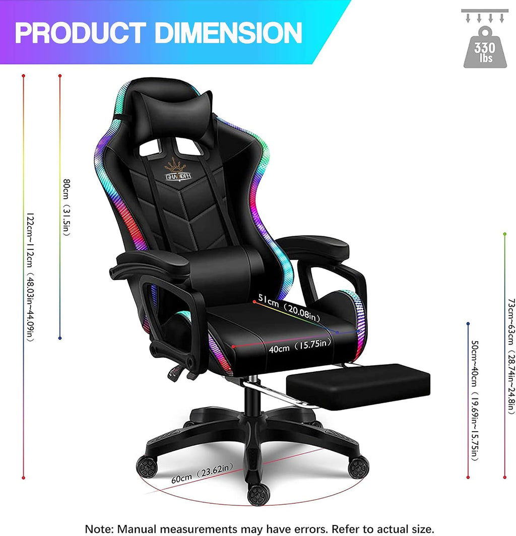 Big and Tall Gaming Chair with Footrest Ergonomic Massage Office Chairs LED Video Game Chair with Speakers Comfortable Headrest Lumbar Support High Back Desk Chair PU Leather for Adults,White