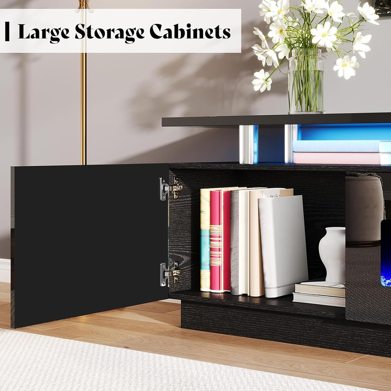 AMERLIFE 90' High Gloss 2 Tier TV Stand with 50' Electric Fireplace, Modern Luxury Large Entertainment Center/w LED Lights, Media Console Table Storage Cabinet for TVs Up to 100', Living Room, Black