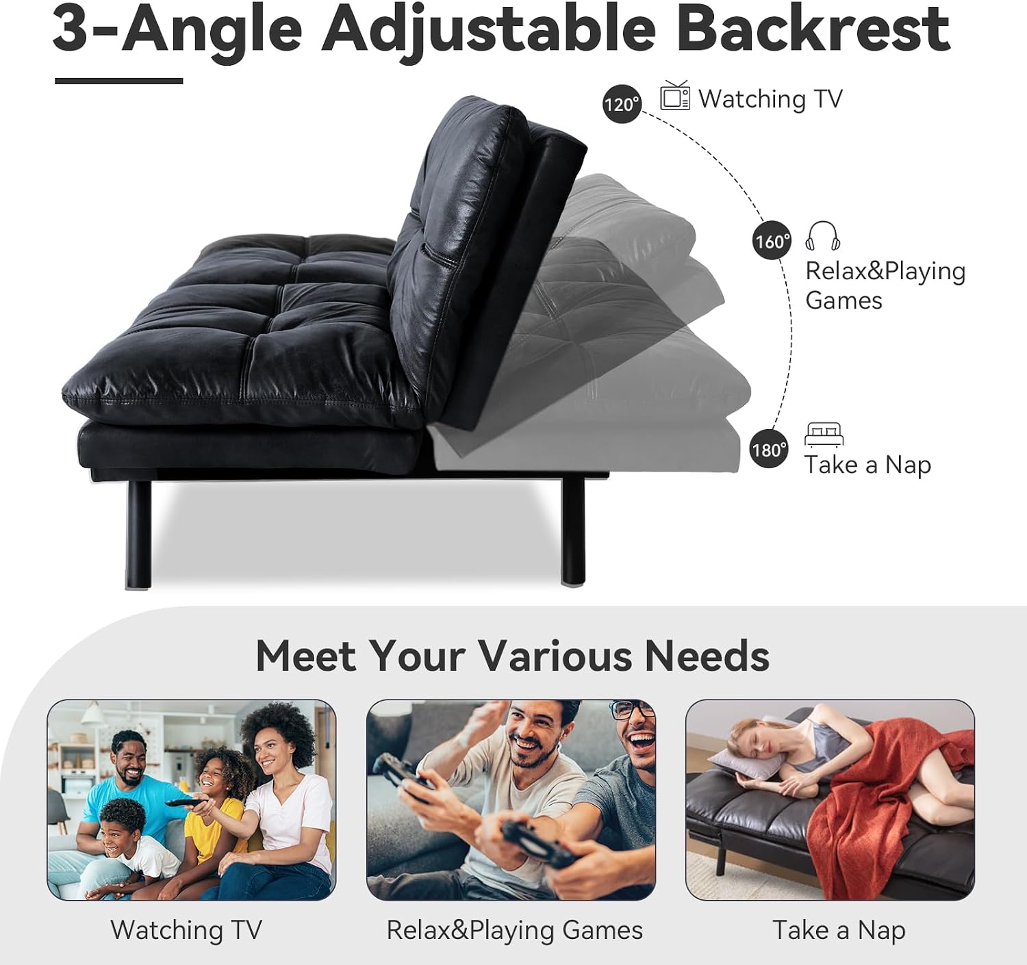 Black Faux Leather Futon Sofa Bed, Memory Foam Futon Couch with Convertible Backrests & Armrests, Small Splitback Loveseat Sofa for Living Room, Home Office, Apartment