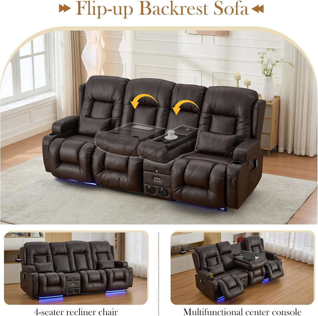 TUNYI Power Loveseat Recliner Sofa with Massage & Heat Home Theater Seating with Console RV Recliner Loveseat Sofa with USB/Storage/Side Pocket/LED Light/Speaker (Brown, 3 Seat with Console)