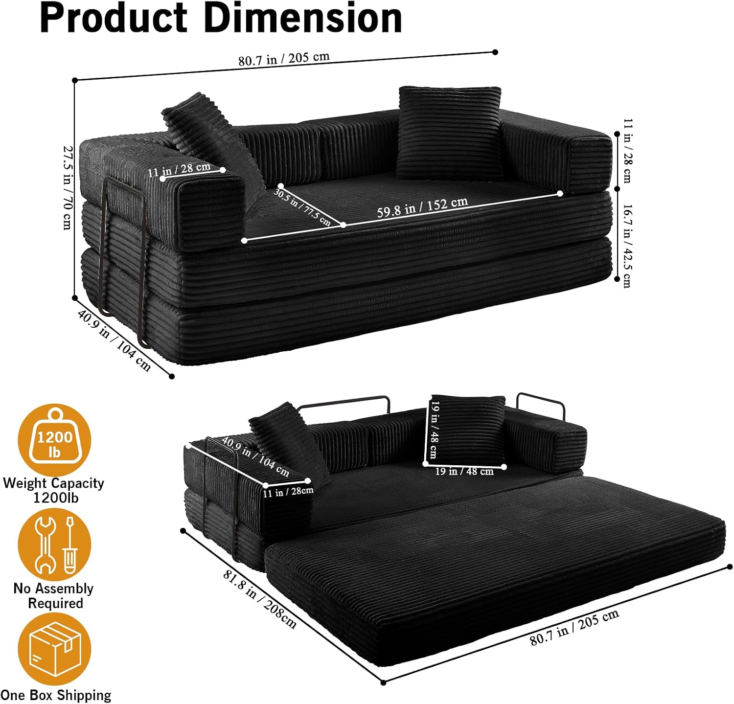 81'' Futon Sofa Bed, Folding Floor Couch Bed, Corduroy Fabric Boneless Couch, Compressed Boneless Sofa in a Box, Comfy Sleeper for Living Room-Black